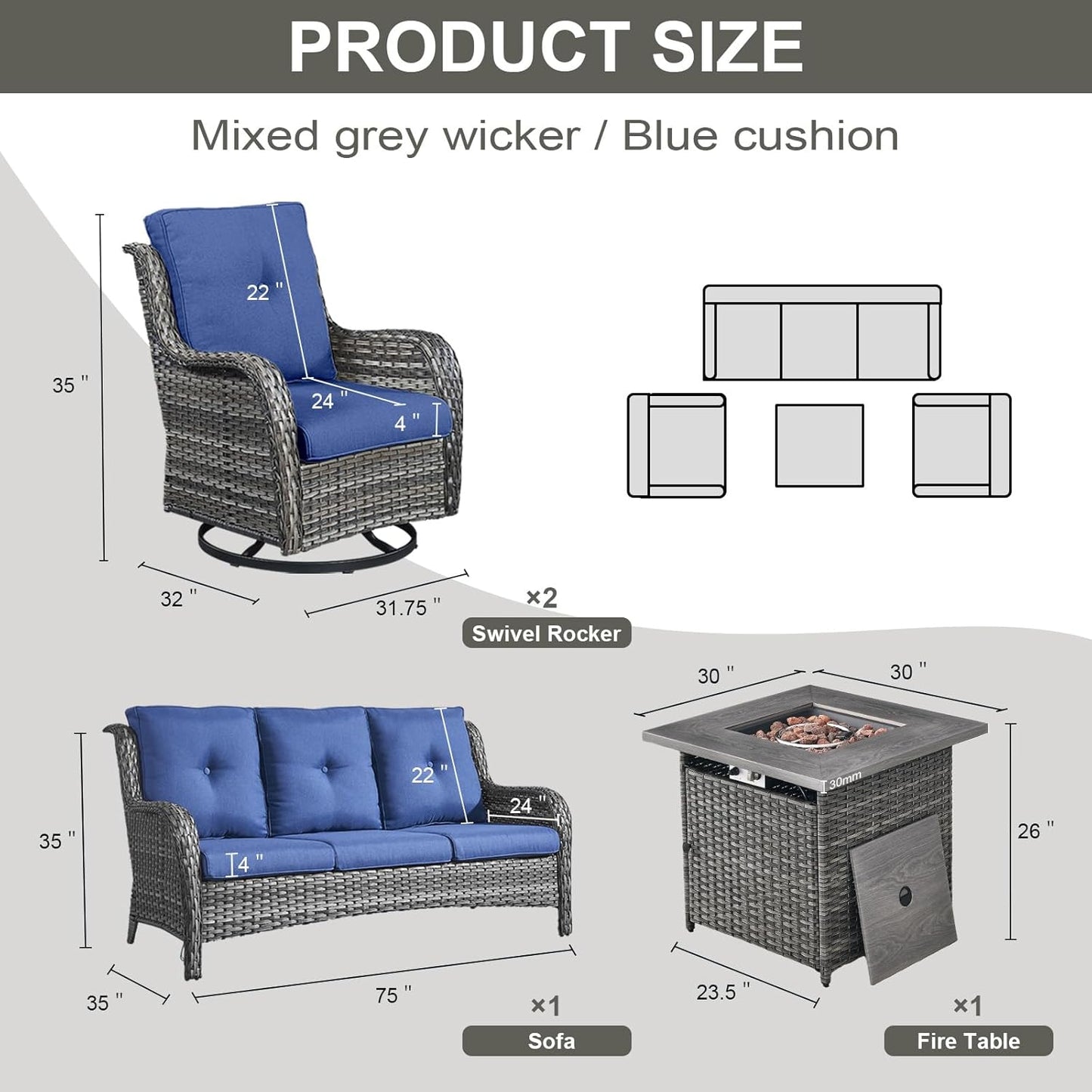 Outdoor Patio Furniture Set with 50000BTU Propane Fire Pit Table, 4 Pieces Wicker Patio Conversation Set with 2 Swivel Rocker Glider Chairs Rattan Sofa Blue Cushion Perfect for Gathering