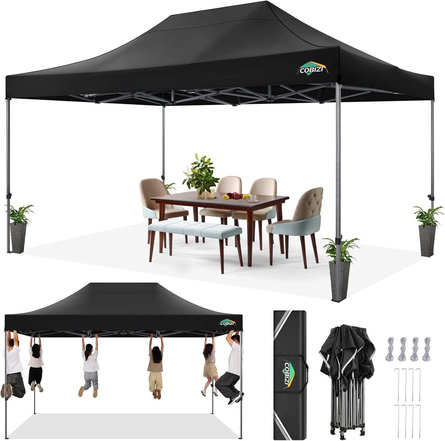 COBIZI 10x15 FT Pop up Canopy Tent,Heavy Duty Easy Up Commercial Outdoor Party Canopy Tents for Wedding Parties All Season Wind & Waterproof Gazebo with Carry Bag,Black(Frame Thickened)