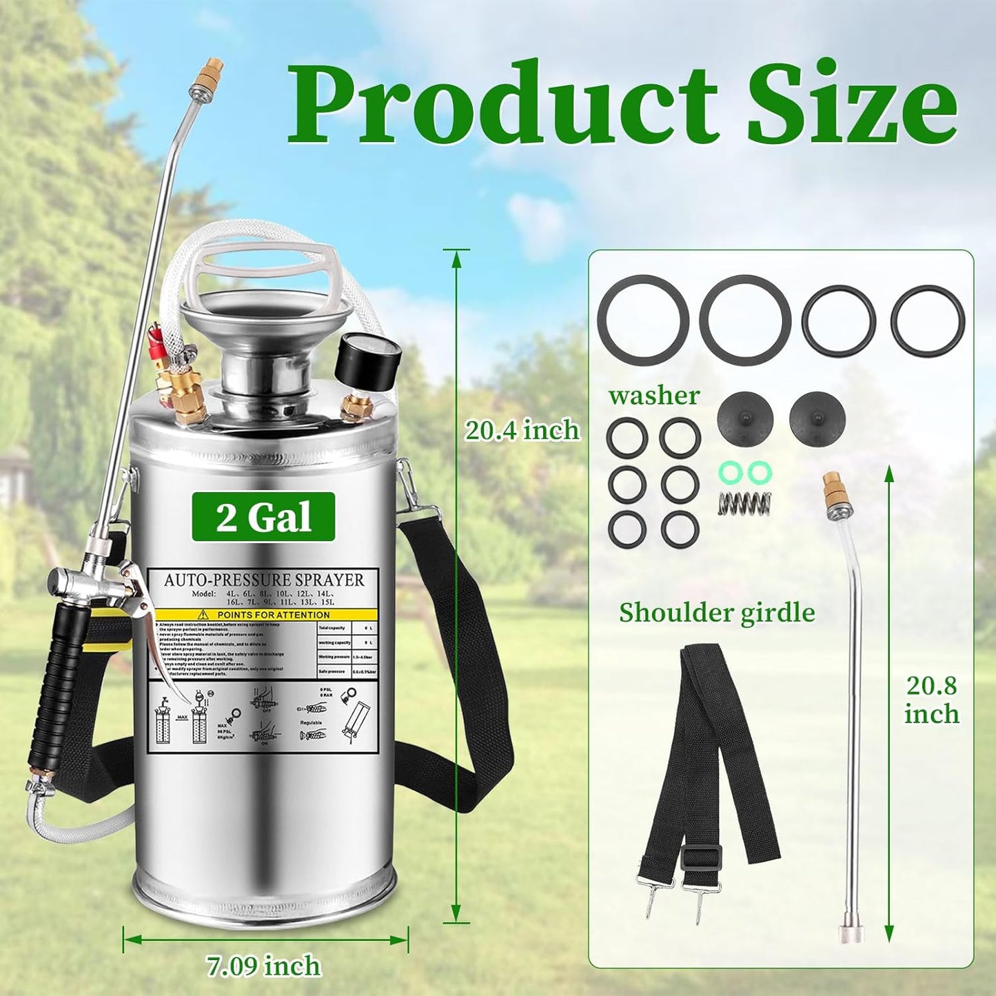 2Gal Stainless Steel Pump Up Sprayer Reinforced Hose, Hand Pump Sprayer with Pressure Gauge&Safety Valve, Adjustable Nozzle Suitable for Gardening (2 Gallon)