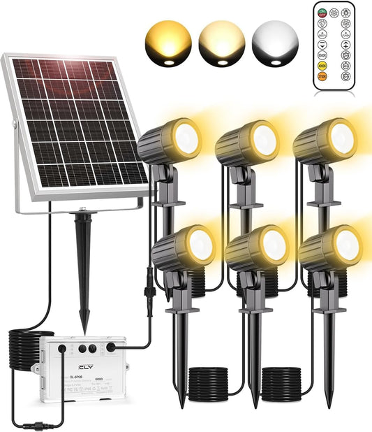 CLY 6 in 1 Solar Spotlights Landscape Outdoor Garden, Solar Spotlights IP66 Waterproof Landscape Lighting with Remote 18M Cable for Garden, Lawn, Patio, 2700K/4000K/6500K