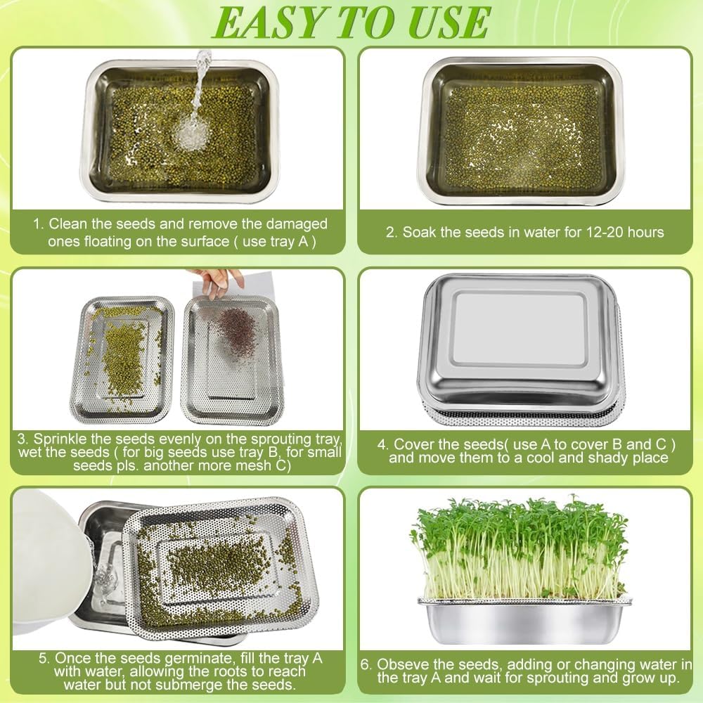 Picowe Stainless Steel Sprouting Trays Seed Sprouting Kit with Stainless Steel Mesh Tray Seed Starter Tray Seed Sprouting Kit (2pack, 10.4 x 7.7inch)