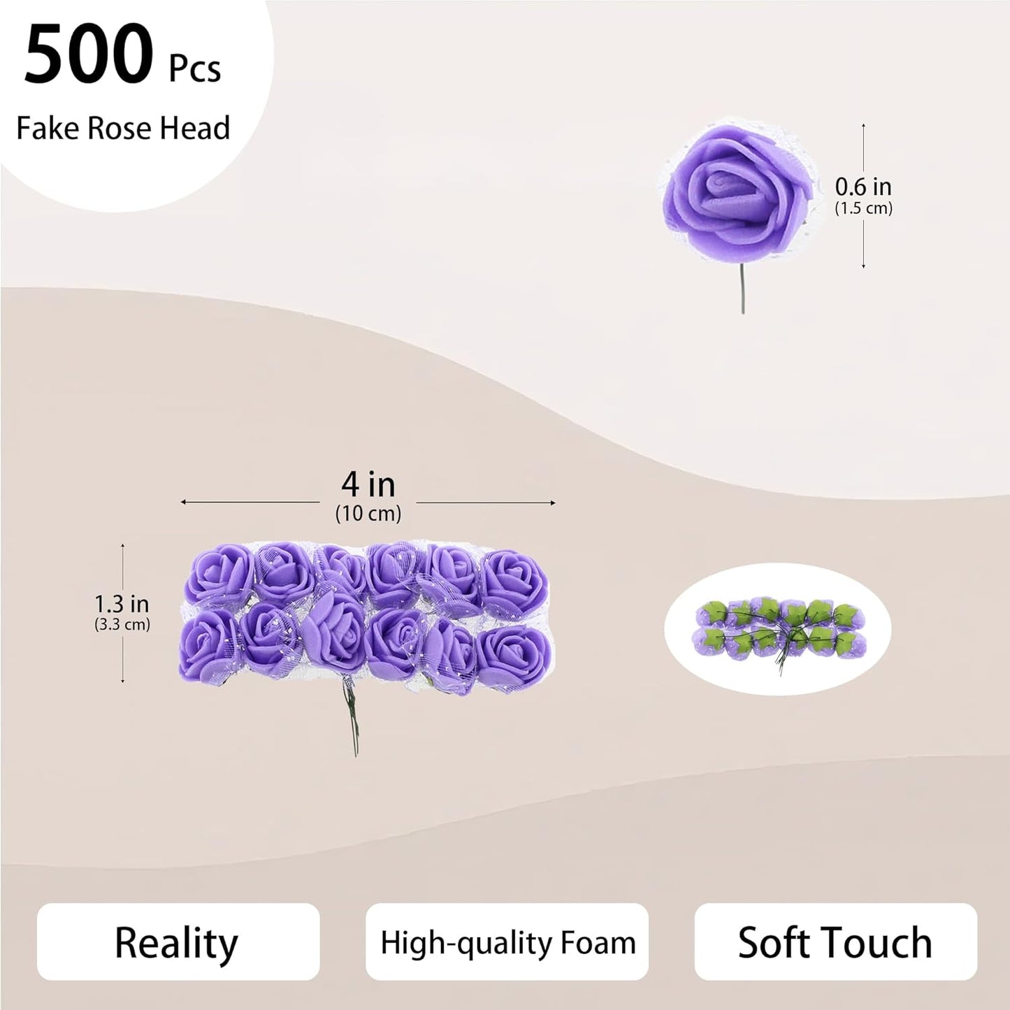 500 Pcs 0.6 Inch Mini Artificial Flowers Head Bulk 5 in 1 Set Faux Foam Fake Small Rose Tiny Baby Flores Bouquet Wreath Gift Hair Clip Home Decoration DIY Craft (Purple)