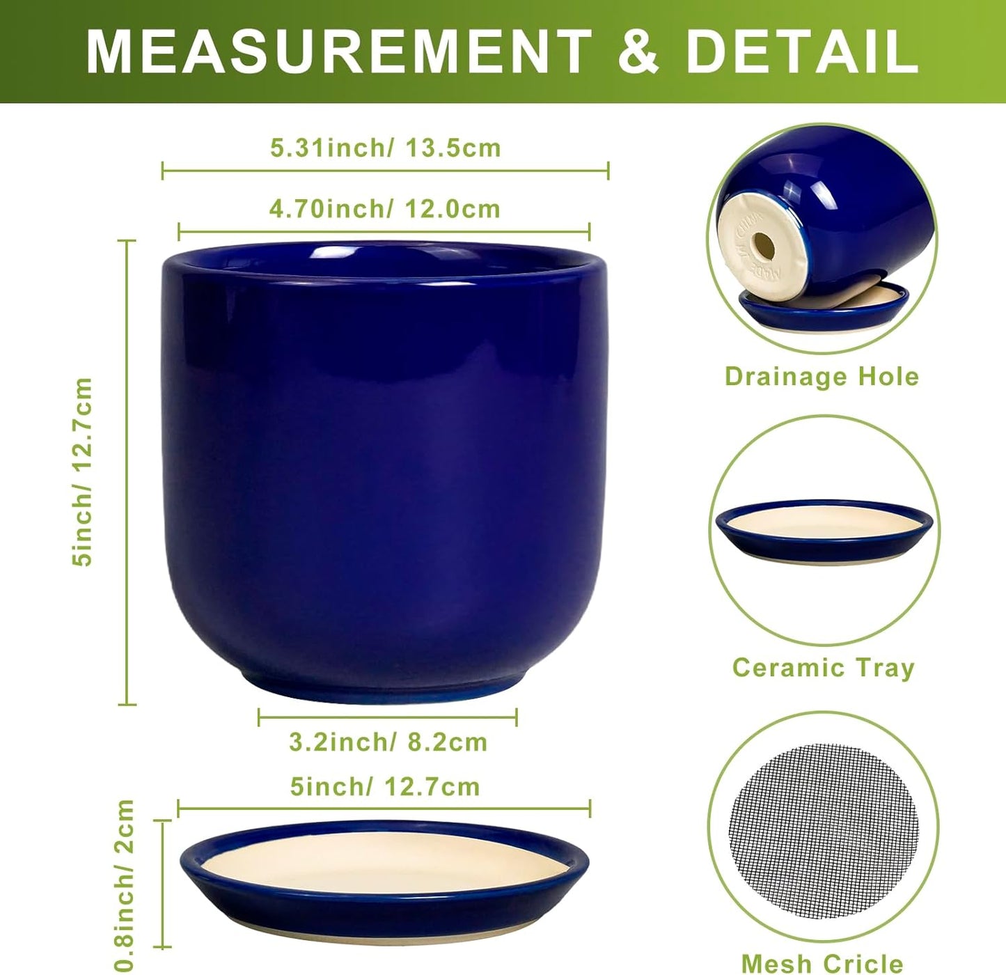 Succulent Pot 5 Inch - Modern Ceramic Planter for Indoor Plants with Drainage Hole and Saucer, Office Home Room Patio Decor, Blue