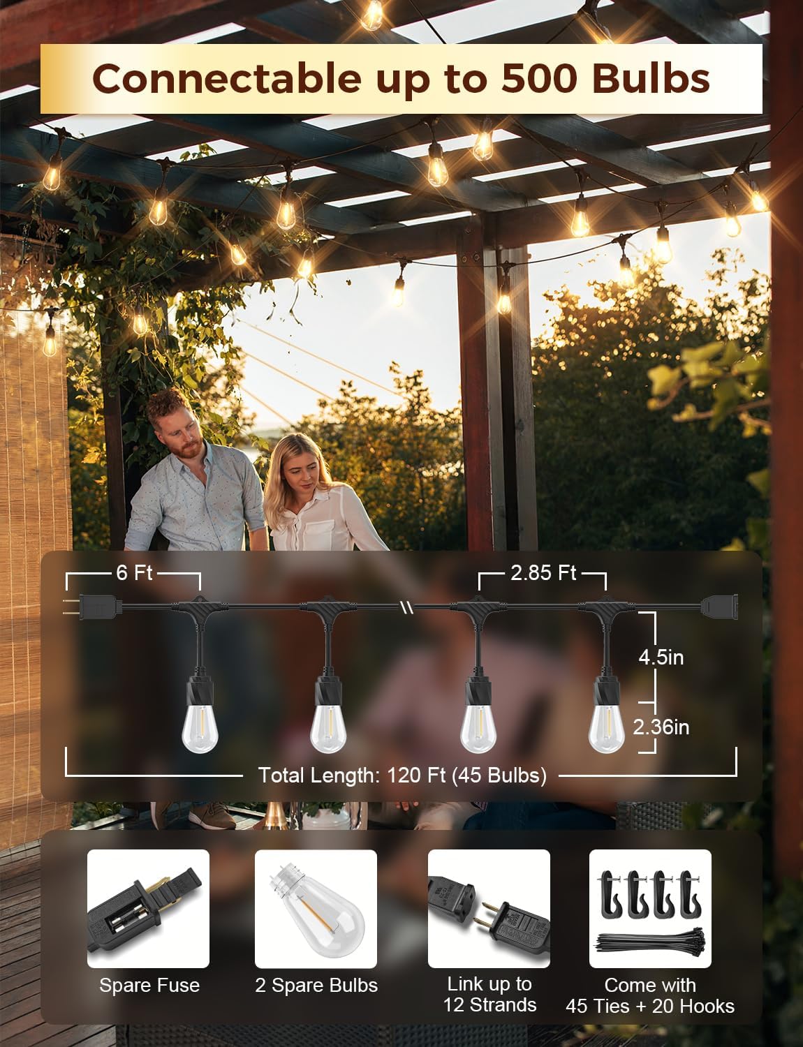 XMCOSY+ 120FT Outdoor String Lights Waterproof - LED Patio Hanging Lights for Outside Porch Backyard Gazebo Garden, Commercial Grade 42 Edison Bulbs