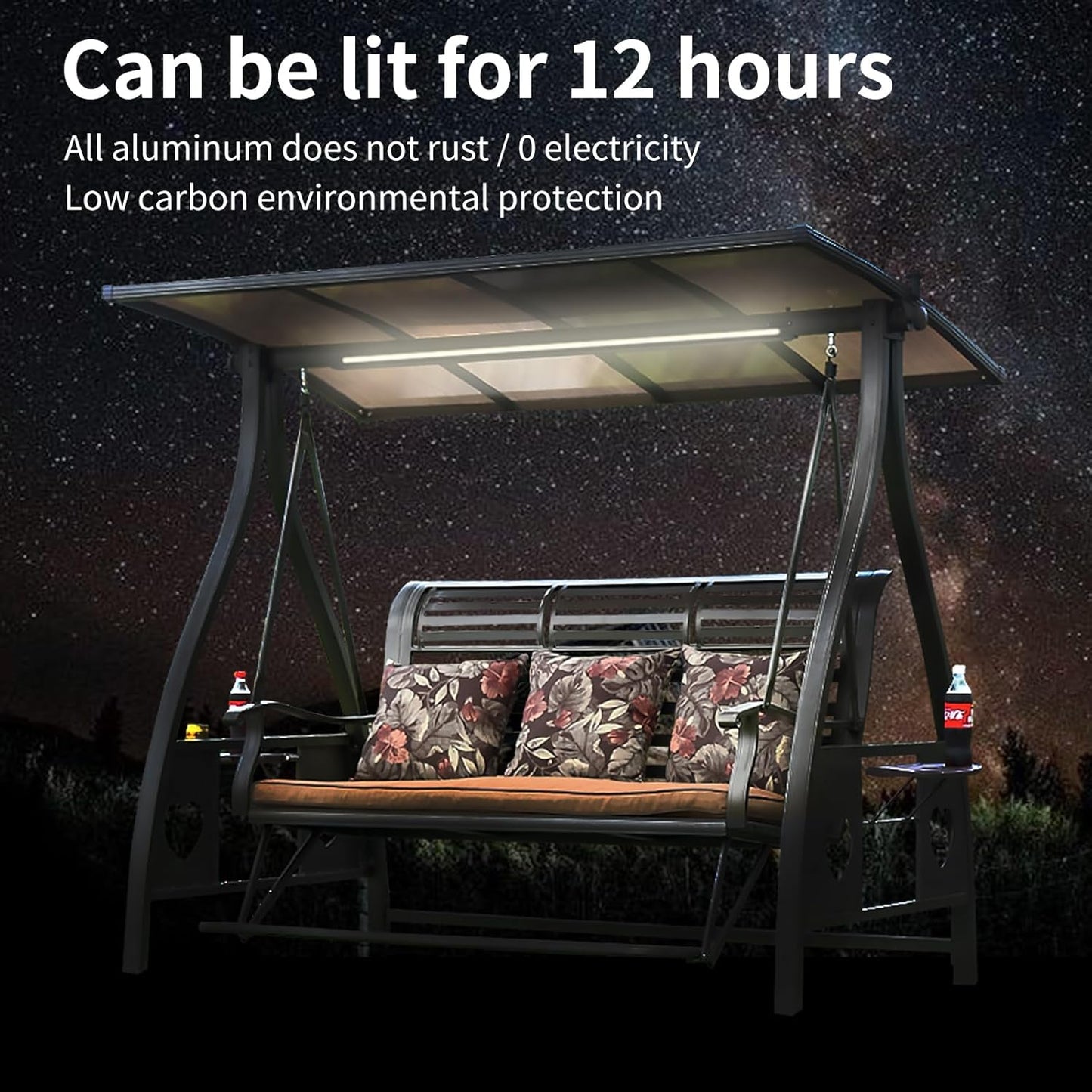 3-Seat Solar Outdoor Patio Swing Chair with Footrest Outdoor Porch Swing with Aluminum Frame Adjustable Tilt Canopy for Poolside Balcony Backyard (Plaid Pillow + Red Cushion)