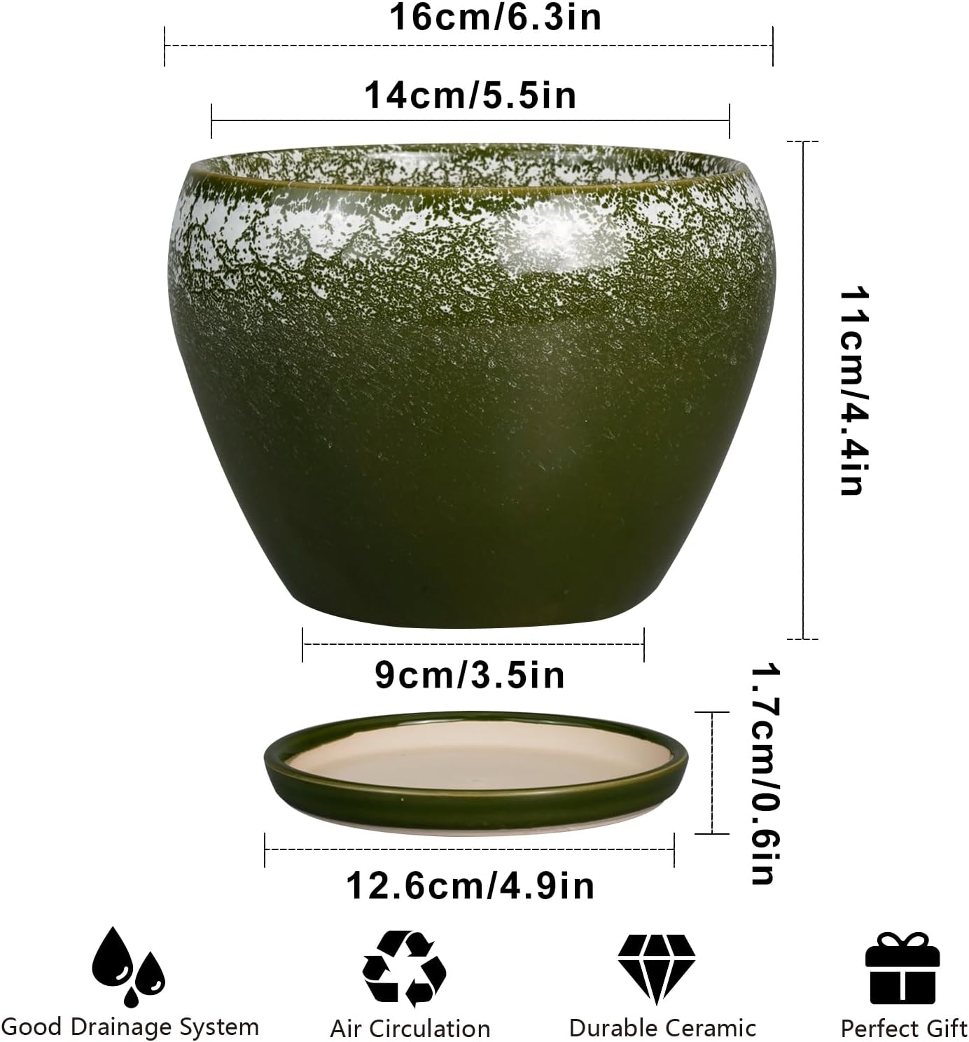 6 Inch Plant Pot - Ceramic Planter Pot with Drainage Hole and Saucer, Glaze Succulent Pot Modern Round Flower Pot for Indoor Plants, Dark Green