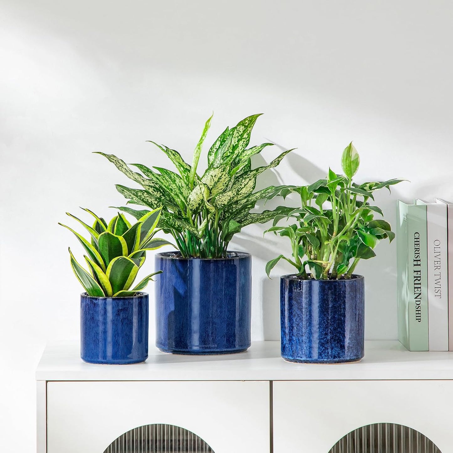 vancasso Ceramic Plant Pots, 4.25+5.25+6.25 Inch Planter Pot with Drainage Hole, Flower Pots for Indoor Outdoor Plants, Set of 3, Blue