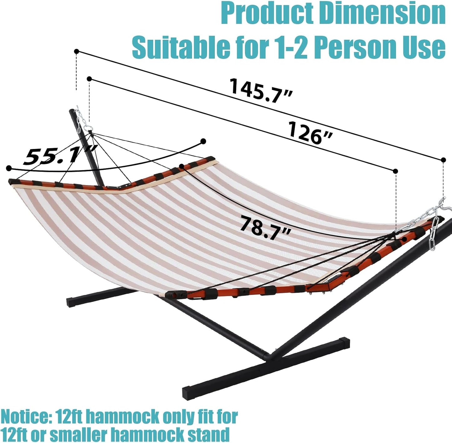 TegerDeger 12FT 2 Person Hammock with Stand Included 55 x 79IN Large Hammock Quick Dry 450LB Capacity with V Shaped Hardwood Spreader Bar & Nylon Rope for Outside, Patio, Garden - Tender Beige Stripes