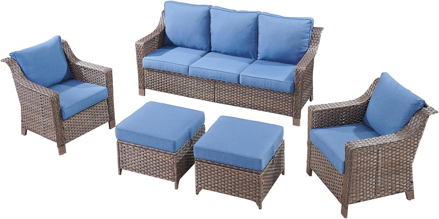 Outdoor Wicker Patio Furniture Set - 5 Piece Outside Rattan Conversation Bistro Sofa Sets with Wicker Chairs, 3-Seat Couch and Ottomans for Porch Balcony Yard Fireplace – Brown/Blue