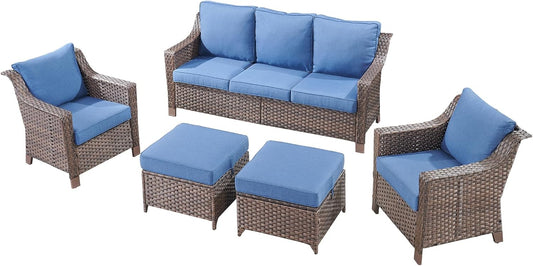 Outdoor Wicker Patio Furniture Set - 5 Piece Outside Rattan Conversation Bistro Sofa Sets with Wicker Chairs, 3-Seat Couch and Ottomans for Porch Balcony Yard Fireplace – Brown/Blue