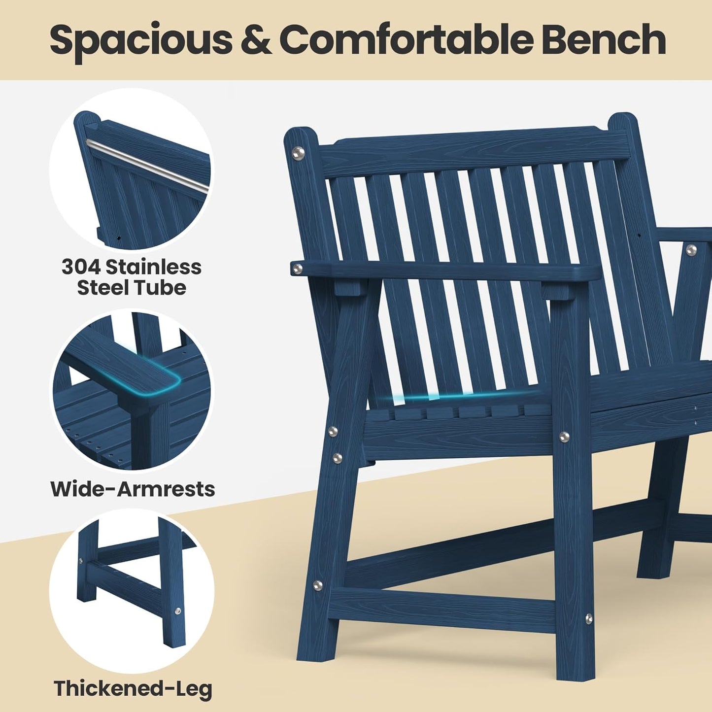 Ciokea 44" Outdoor Bench Set of 2, HDPE Weatherproof Garden Bench, 2-Person Memorial Benches with 550 Lbs, Waterproof Patio Porch Benches for Outside Business Deck Office Backyard Balcony, Navy Blue