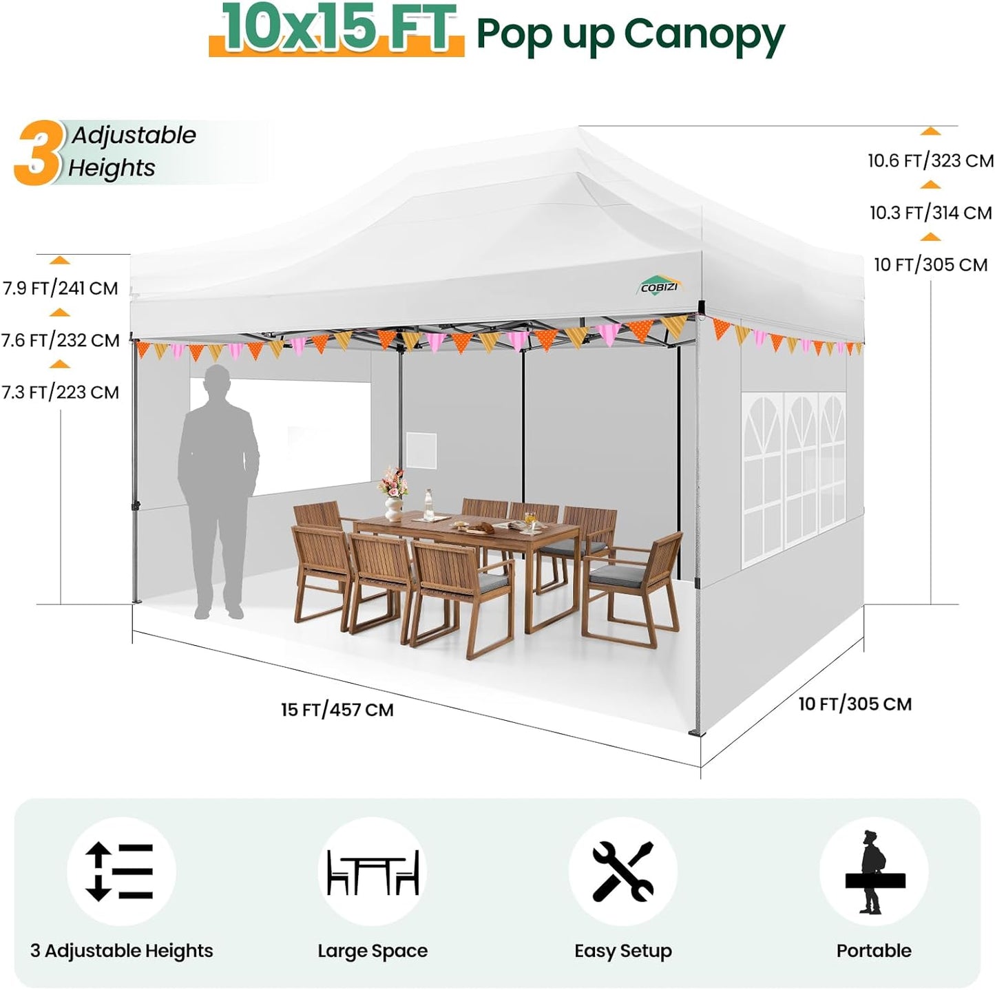 COBIZI 10x15 Heavy Duty Pop up Canopy Tent with 4 sidewalls Commercial Outdoor Canopy Wedding Party Tents for Wedding All Season Wind & Waterproof Gazebo with Carry Bag, White(Frame Thickened)
