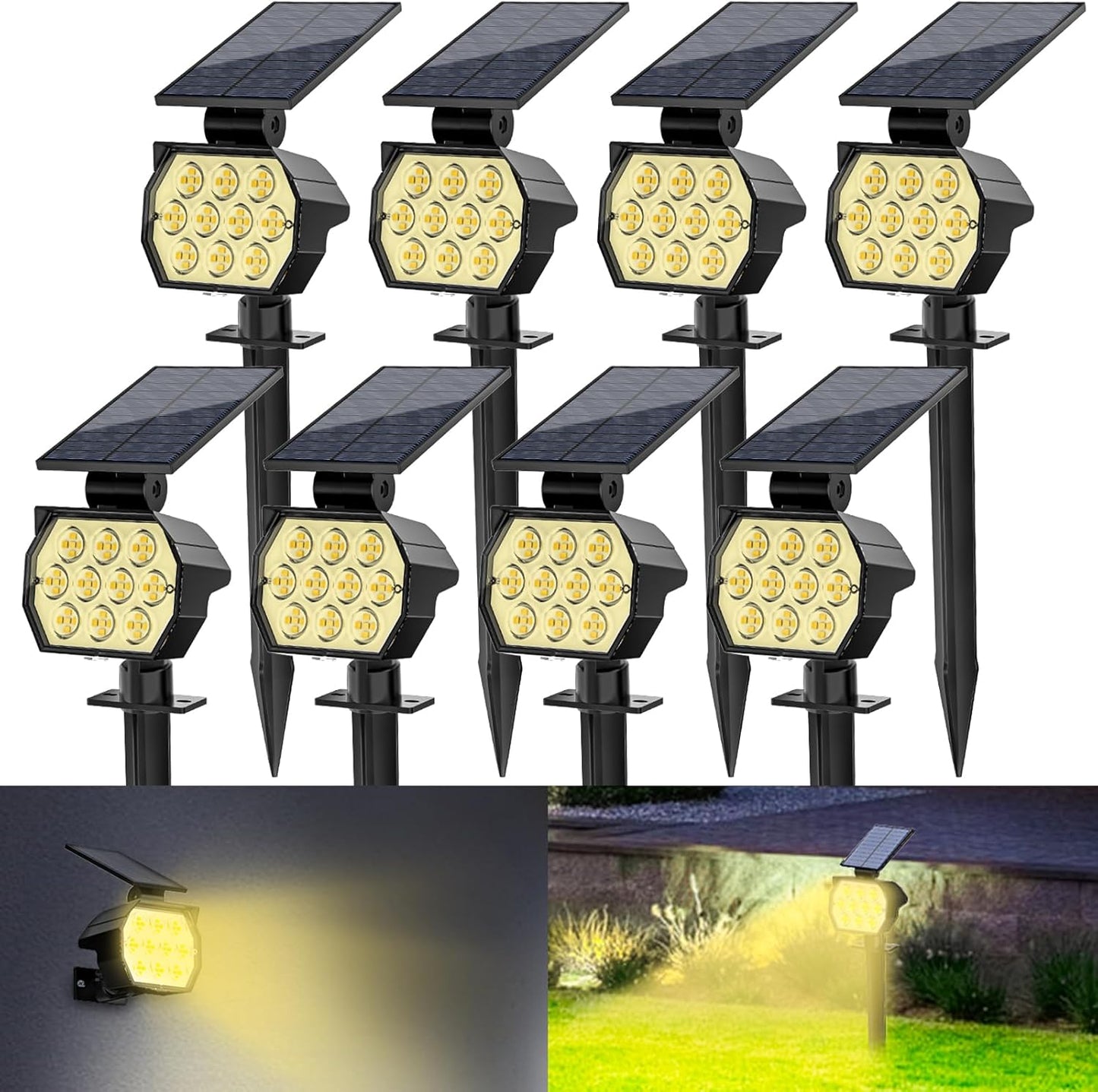Solar Spot Lights Outdoor, [8 Pack/50LED] Solar Lights Outdoor Waterproof IP67, Dusk-to-Dawn 3 Lighting Modes Adjustable Landscape Spotlight for Garden, Yard, Pathway