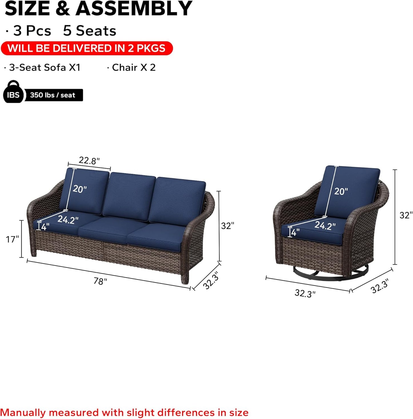 3 Pieces Patio Conversation Set, 78" Wicker 2-Seat Couch with Washable Cushions, Wicker 360 Degree Swivel Glider Rocker Chairs, Sofa for Garden, Lawn (Navy Blue)