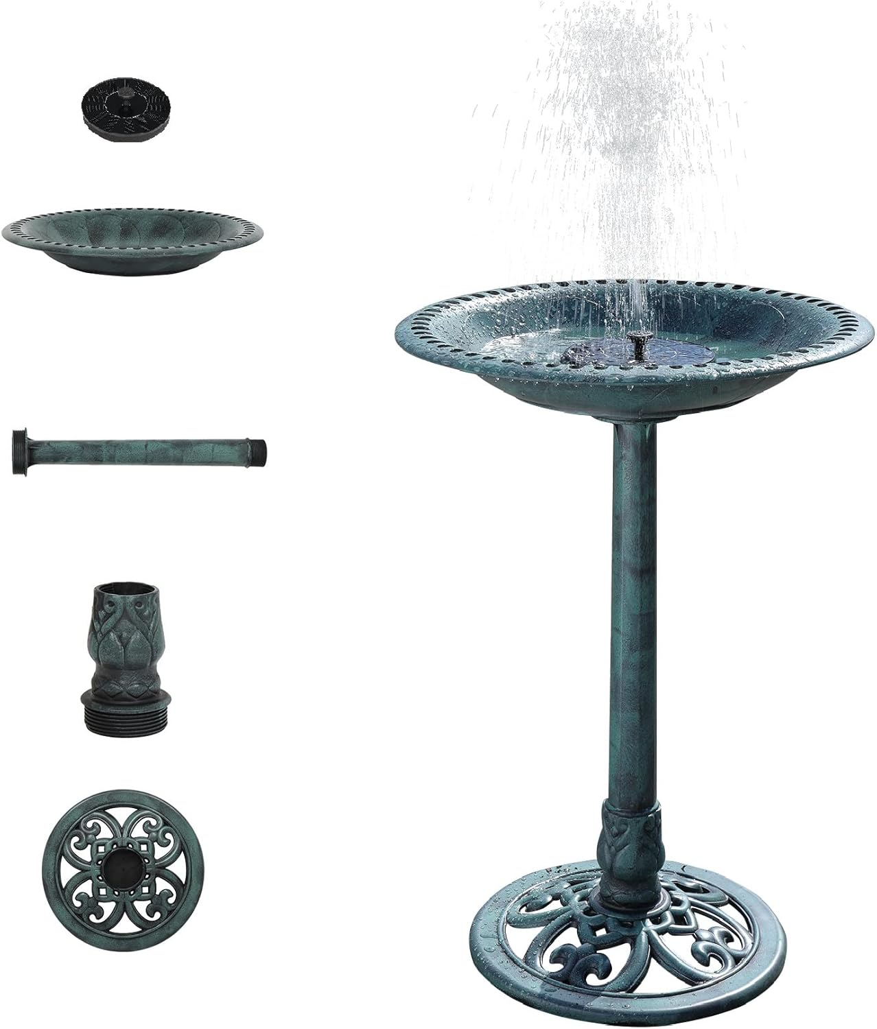 VINGLI 28 Inch Pedestal Bird Bath Solar Fountain Birdbaths with Steel Ground Anchors Weather Resistant Resin Antique Green Garden Decor for Outdoor Lightweight Courtyard…