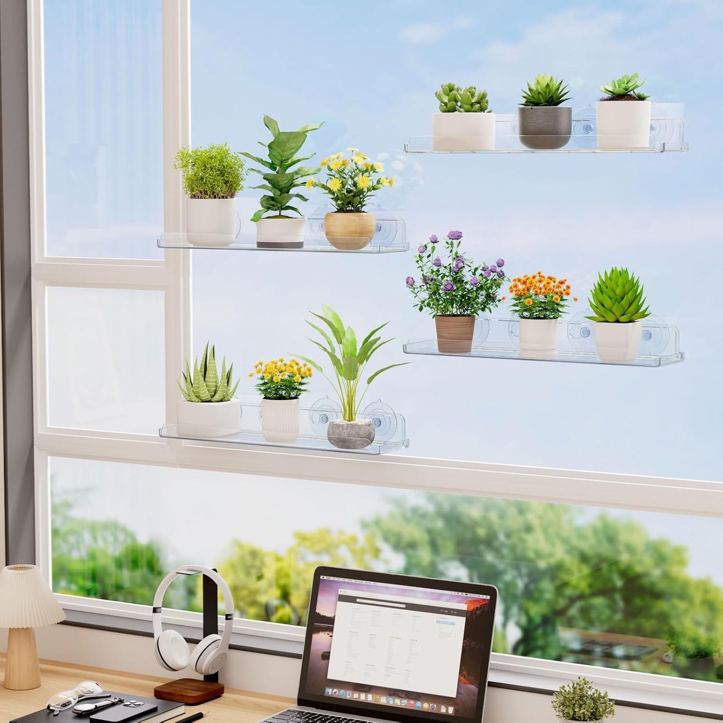 Lifewit Window Plant Floating Shelves 15 x 4 inch, 2 Pack Acrylic Suction Cup Shelf, Window Sill Extender for Indoor Succulent Plants, Micro Greens, Seed Starter Pots, Herb Planters