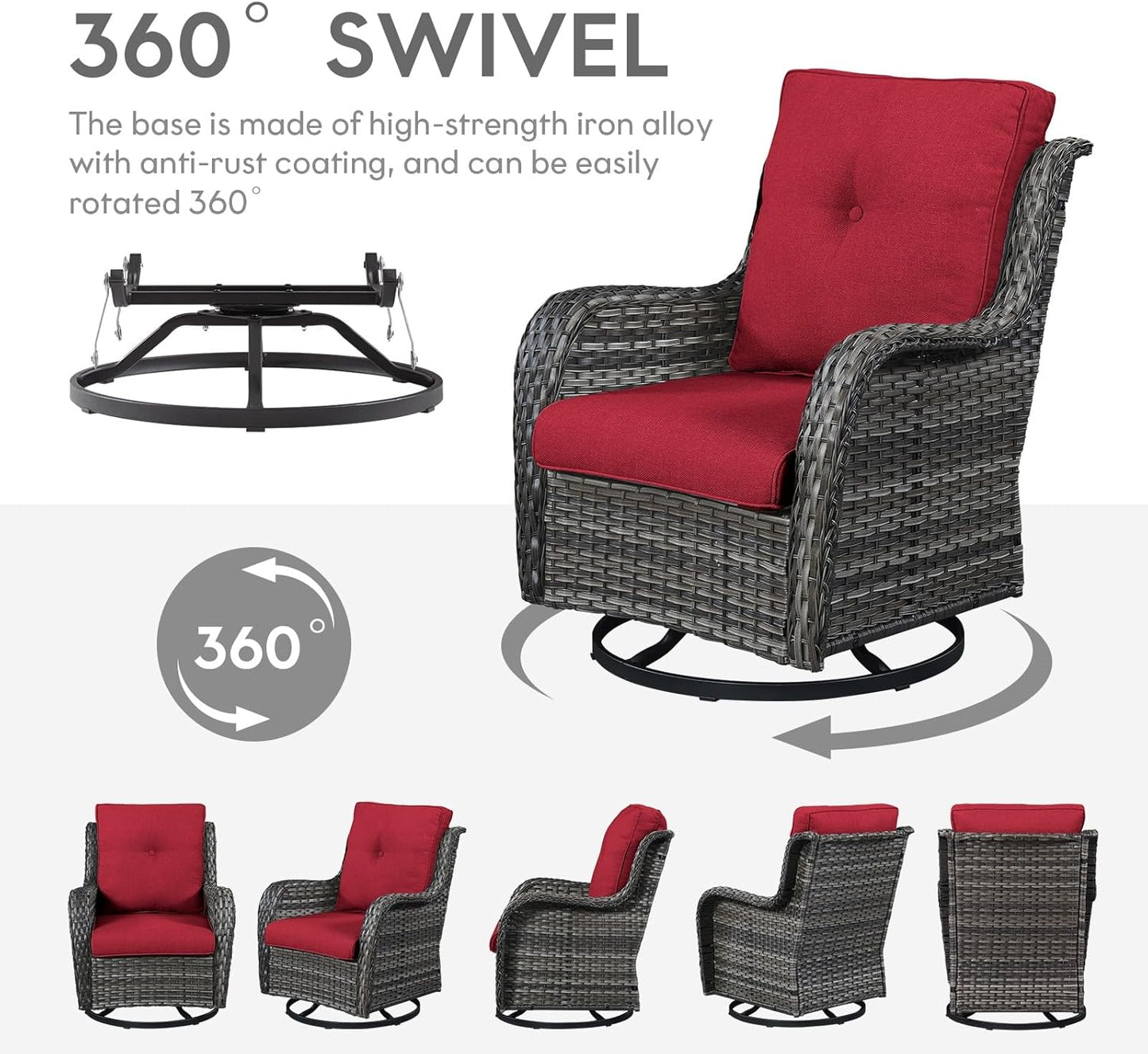 Outdoor Swivel Rocker Wicker Chairs Set of 3, High Back Swivel Patio Chairs Wicker Furniture Set, 2 PCS Rattan Swivel Rocking Chair with Side Table, Red Cushion