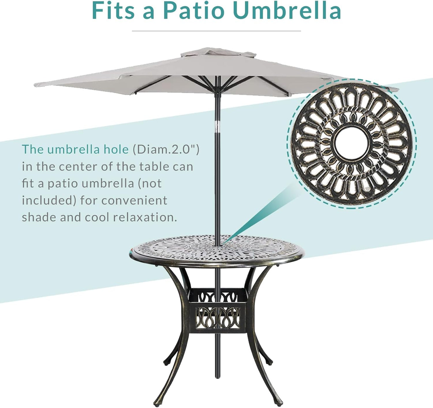 MEETWARM 3 Piece Patio Bistro Set, Outdoor All-Weather Cast Aluminum Dining Furniture Set Includes 2 Cushioned Chairs and a 35.4” Round Table with Umbrella Hole for Garden Deck, Ocean Blue
