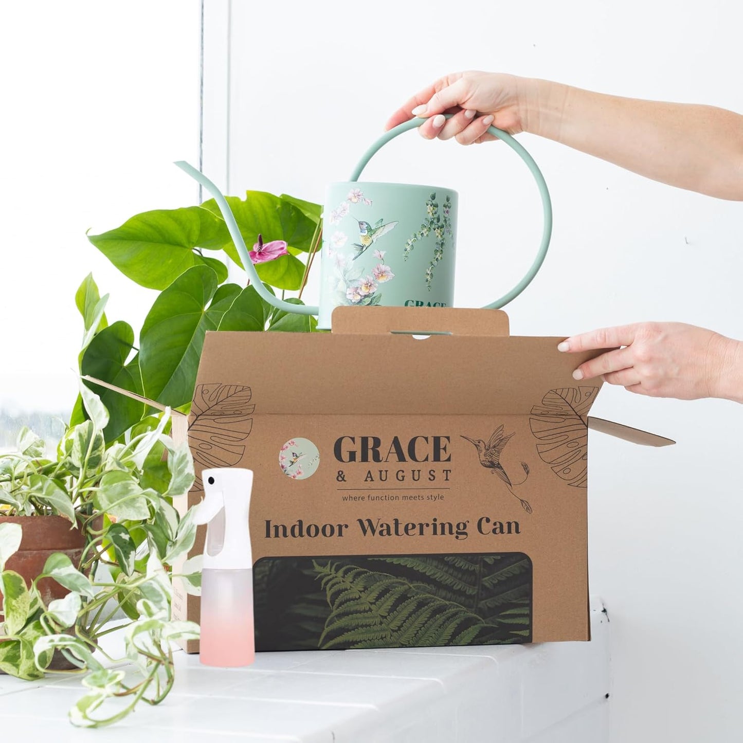 Watering Can for Indoor House Plants - Cute Decorative Metal Gardening Small Water Can for Houseplants & Flowers with Long Spout - 1.5L 51floz 0.4 Gallon (Hummingbird Sage)