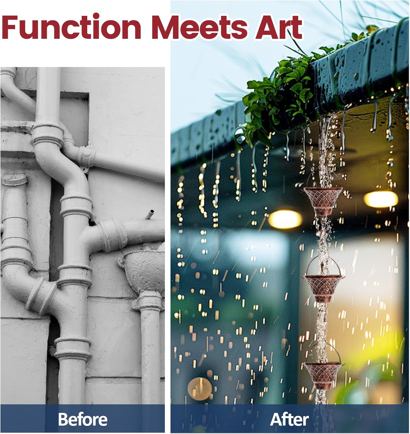 Rain Chains for Gutters, 8.5FT Durable Copper Rain Catcher Chain with 12 Cups, Decorative Replacement Downspout Rain Chain for Eaves Drainage