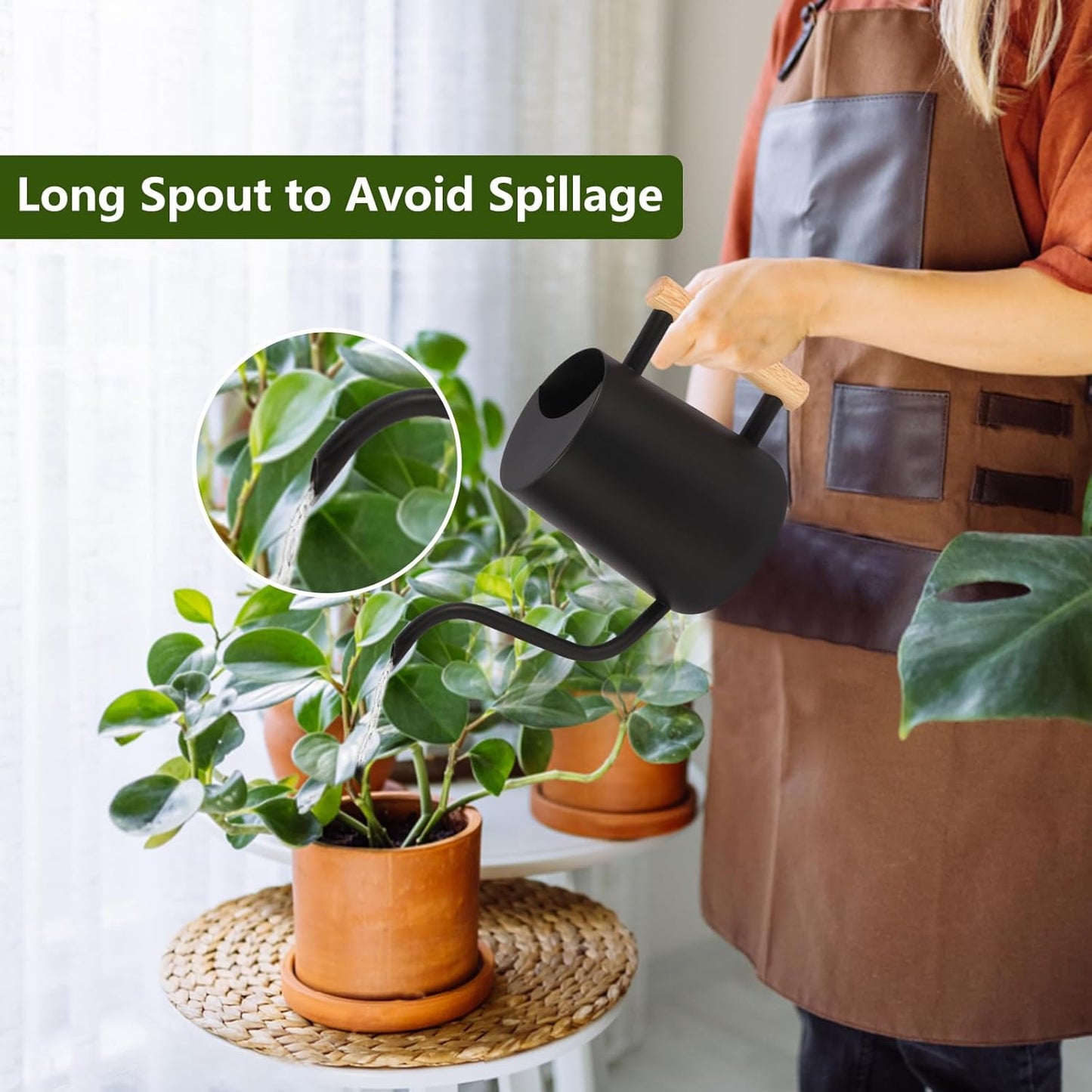 Plant Watering Can,35oz Metal Watering Can,Stainless Steel Indoor Plants with Long Curved Spout,Small Bonsai Outdoor Garden Modern Decorative(Black)