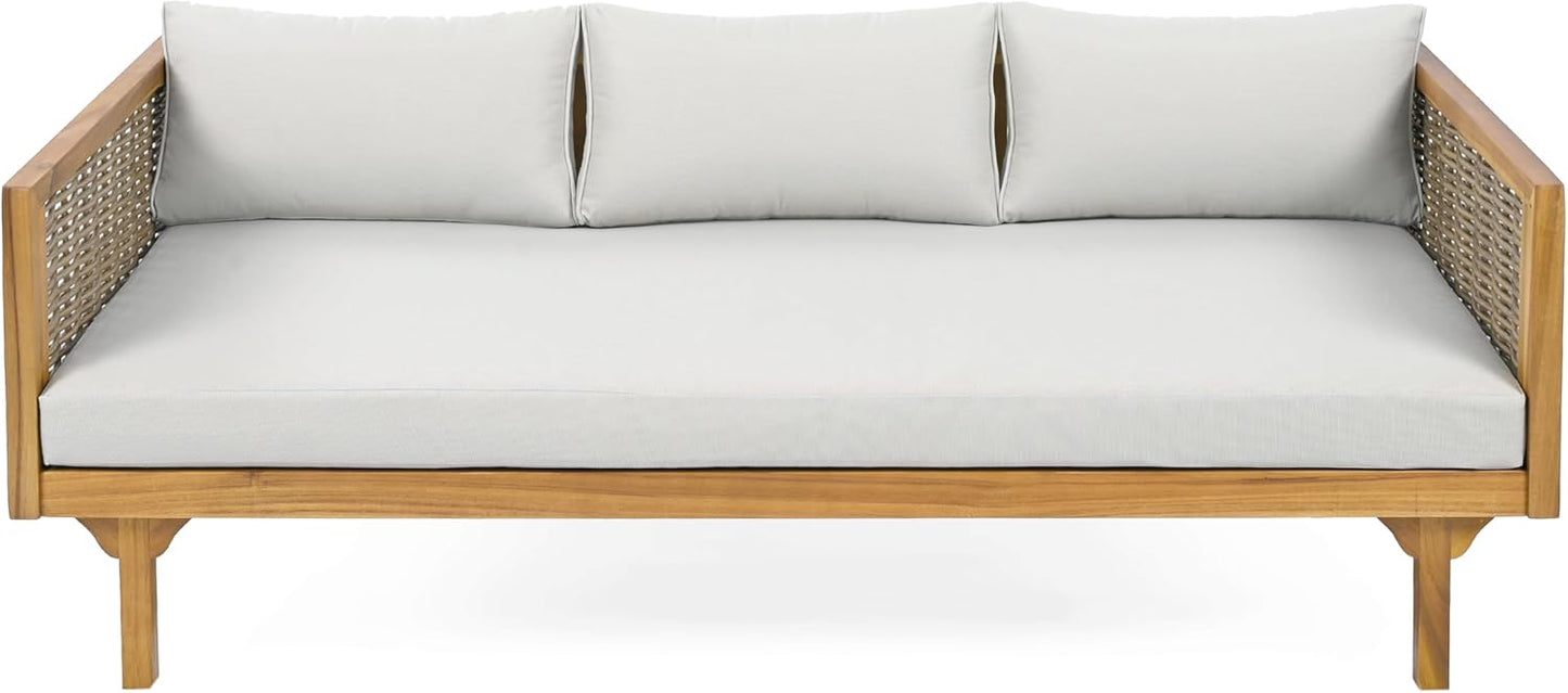 Christopher Knight Home Outdoor 3 Seater Acacia Wood Daybed with Fabric Water Resistant and Removable Cushions, Patio Garden Sofa with Wicker Armrest and Slat Paneling Back, Teak and Light Grey