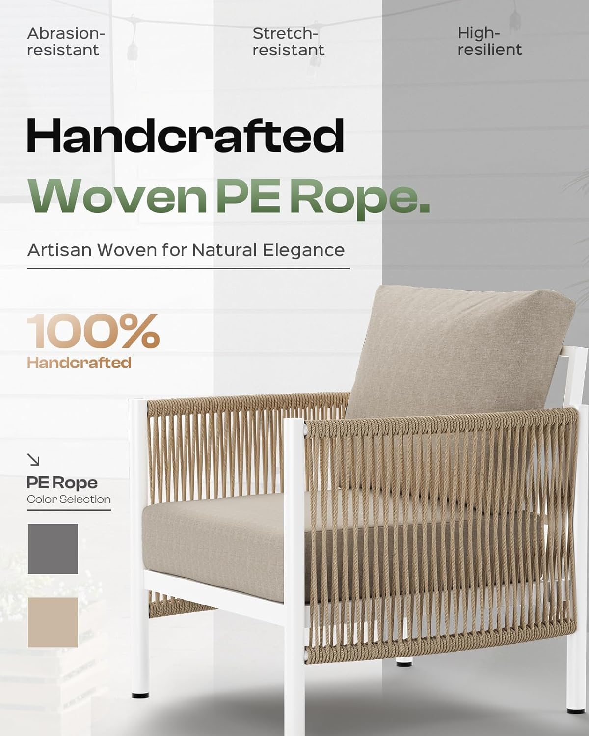 Aluminum Outdoor Patio Furniture Set, HDPE Rope 4 Piece Modern Sectional Conversation Sets with Dual-Layer Coffee Table, All Weather Patio Couch Set with Thick Cushions, White Frame, Ivory