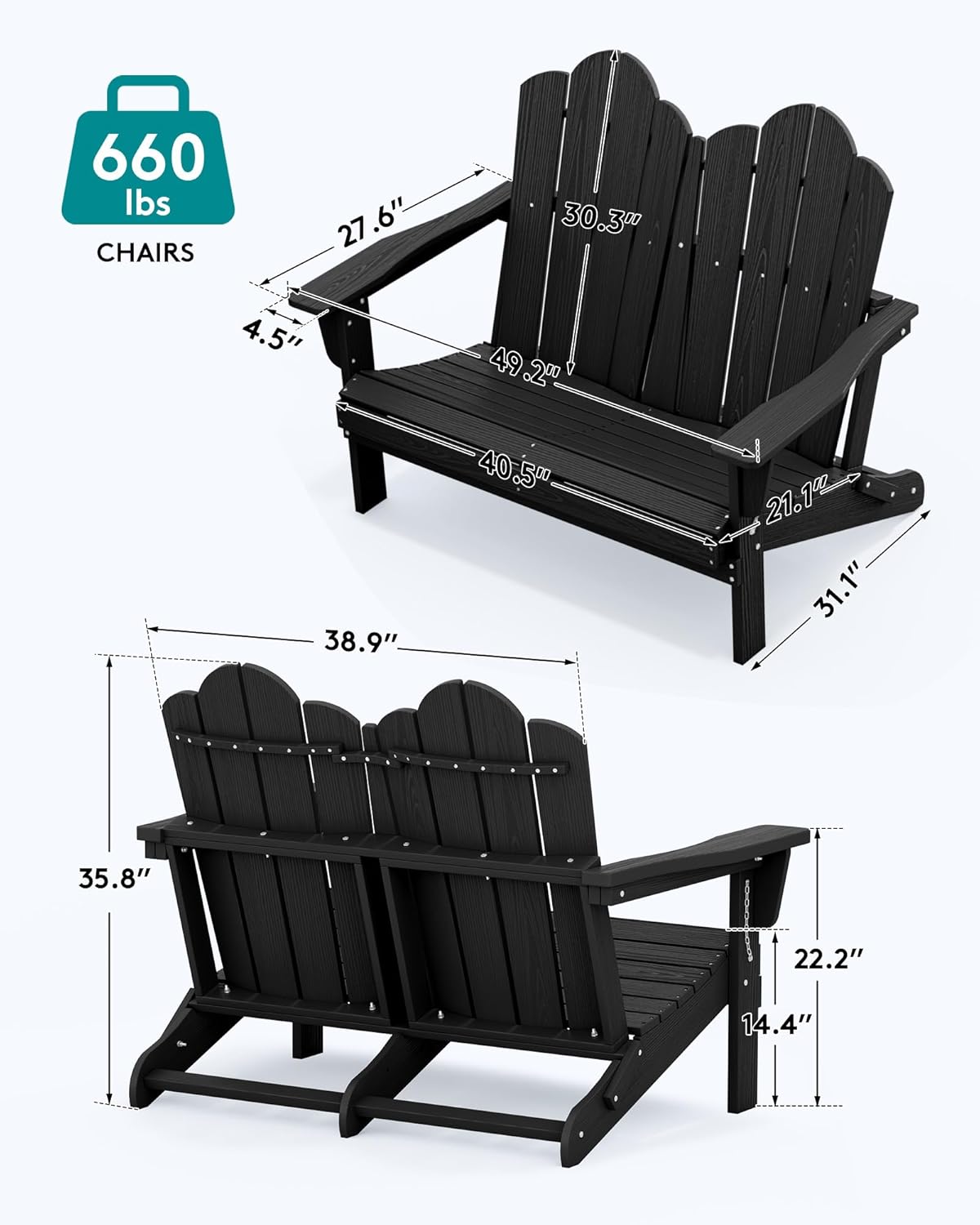 SERWALL Folding Adirondack Bench, HDPE All-Weather Adirondack Loveseat, 660 lbs Capacity, Foldable Outdoor Patio Bench for Deck, Lawn, Garden, Black