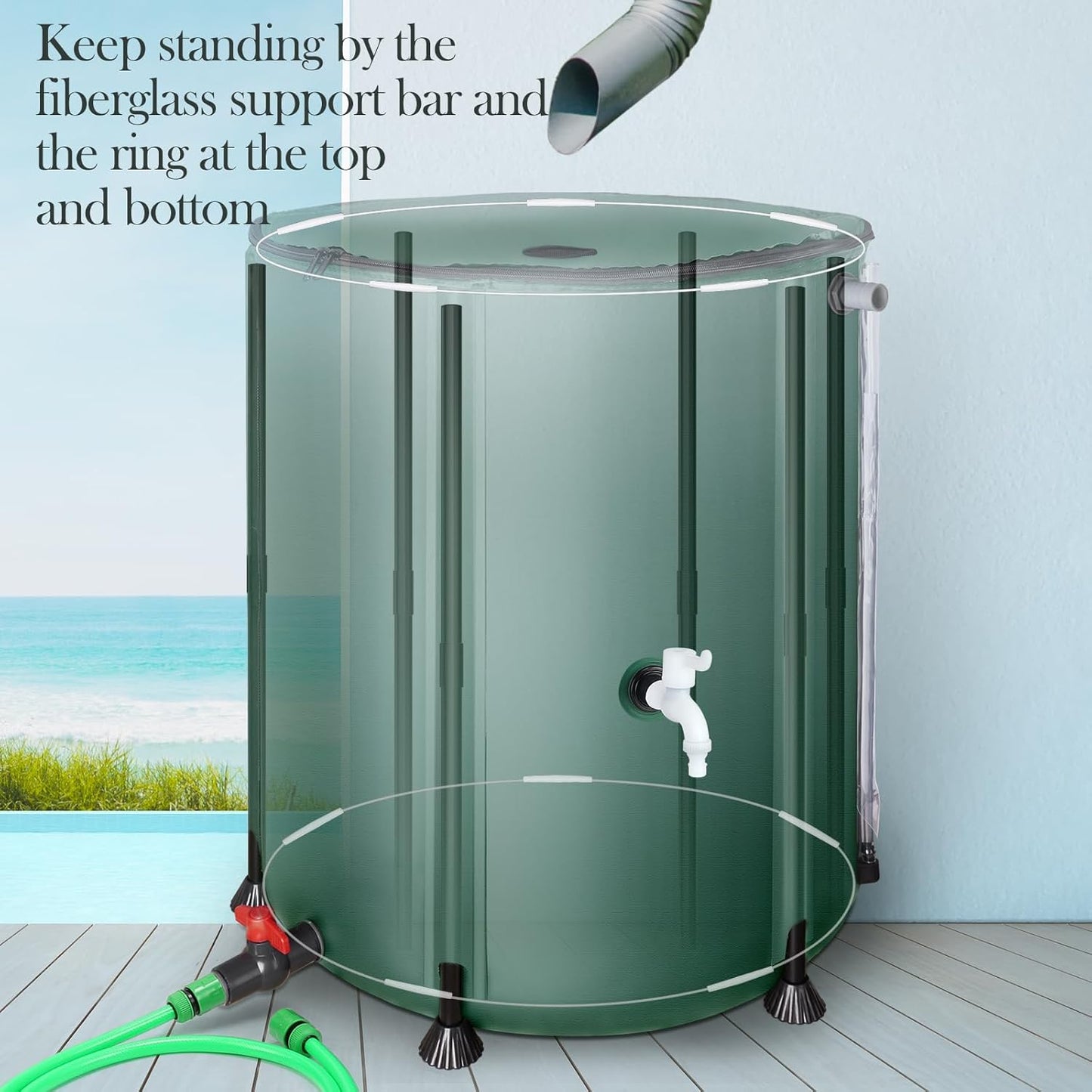 53 Gallon Collapsible Rain Barrel, SKM Portable Rain Water Collection Barrel for Garden/Outside/Lawn, PVC Rainwater Collection System Water Tank Storage Container with Spigots & Overflow Kit, Green