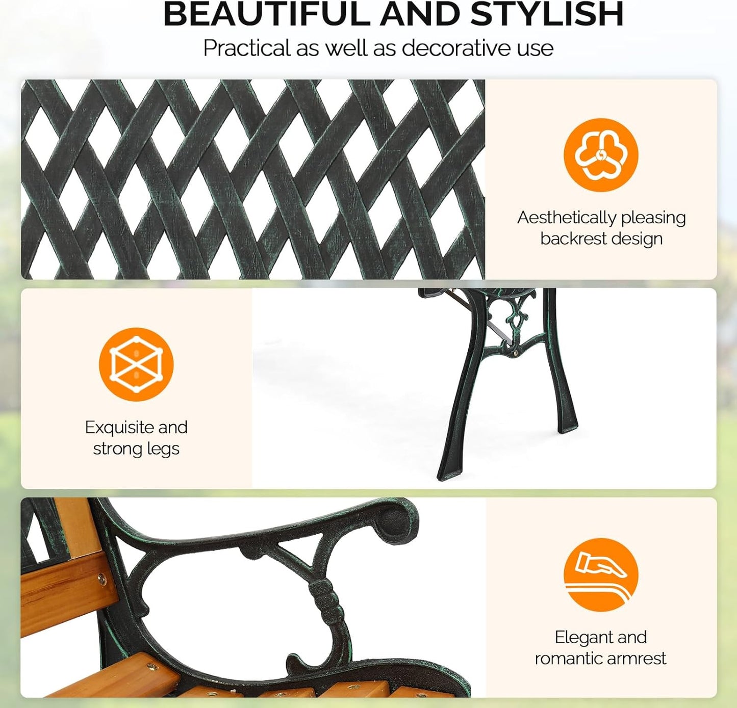 VINGLI Outdoor Bench Metal Garden Bench, Wood Patio Benches w/PVC Backrest Cast Iron Love Seat Park Benches for Porch Yard (Diamond)