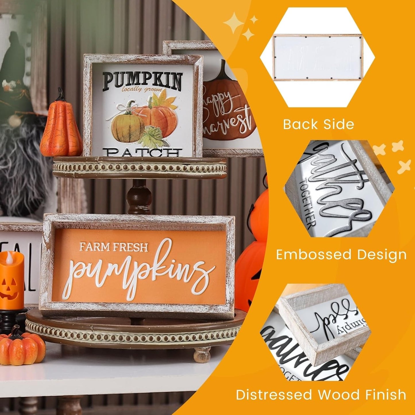 Fall Decor, Hello Fall Block Sign for Shelf, Mantel, Table, Rustic Thanksgiving Decoration, Autumn Tiered Tray Decor, Embossed Metal With Wood Frame Black