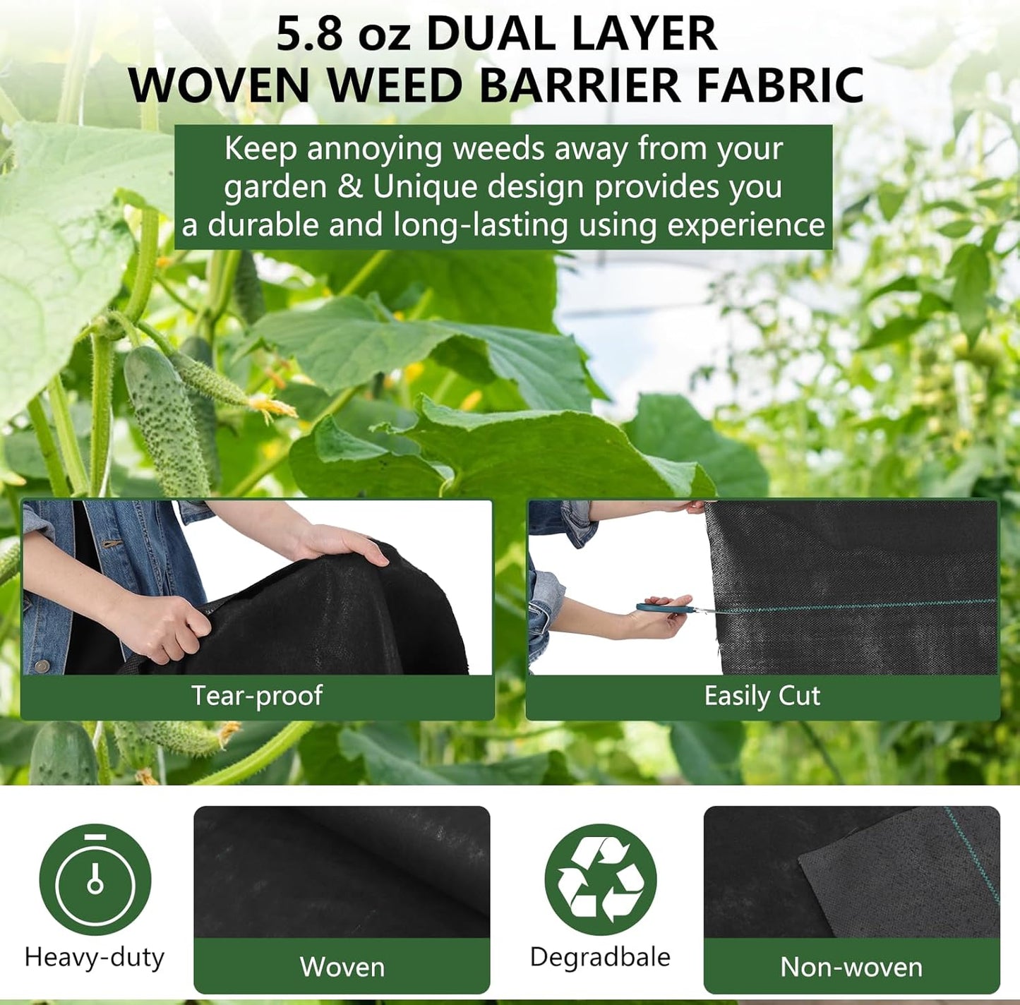 Broadfashion Woven Landscape Fabric 5oz, 5 x 300FT Weed Fabric Barrier, Double Layer, Garden Fabric Weed Barrier, Weed Control Fabric Ground Cover, Gardening Mat for Garden Beds, Landscaping