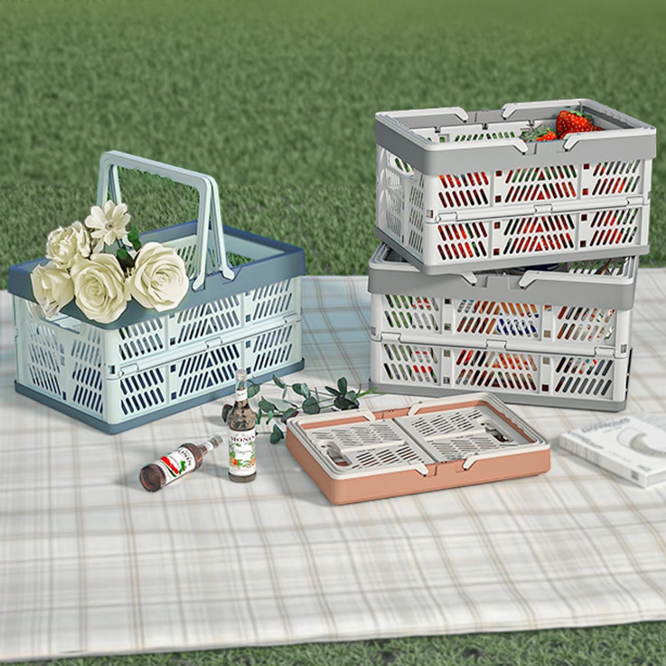 20L Plastic Collapsible Storage Crate - Foldable Handle Crate Storage Basket Bin - White & Gray M