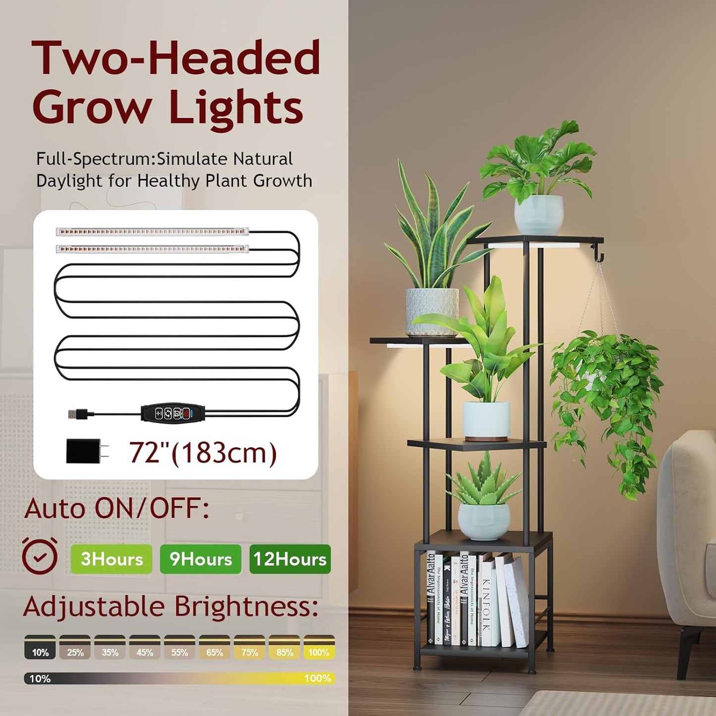 Plant Stand Indoor with Grow Light, 5-Tiered Tall Plant Stand Indoor, Metal Plant Shelf with Hanging Basket Hook and Adjustable Light, Ideal for Living Room, Garden, Patio (Black )