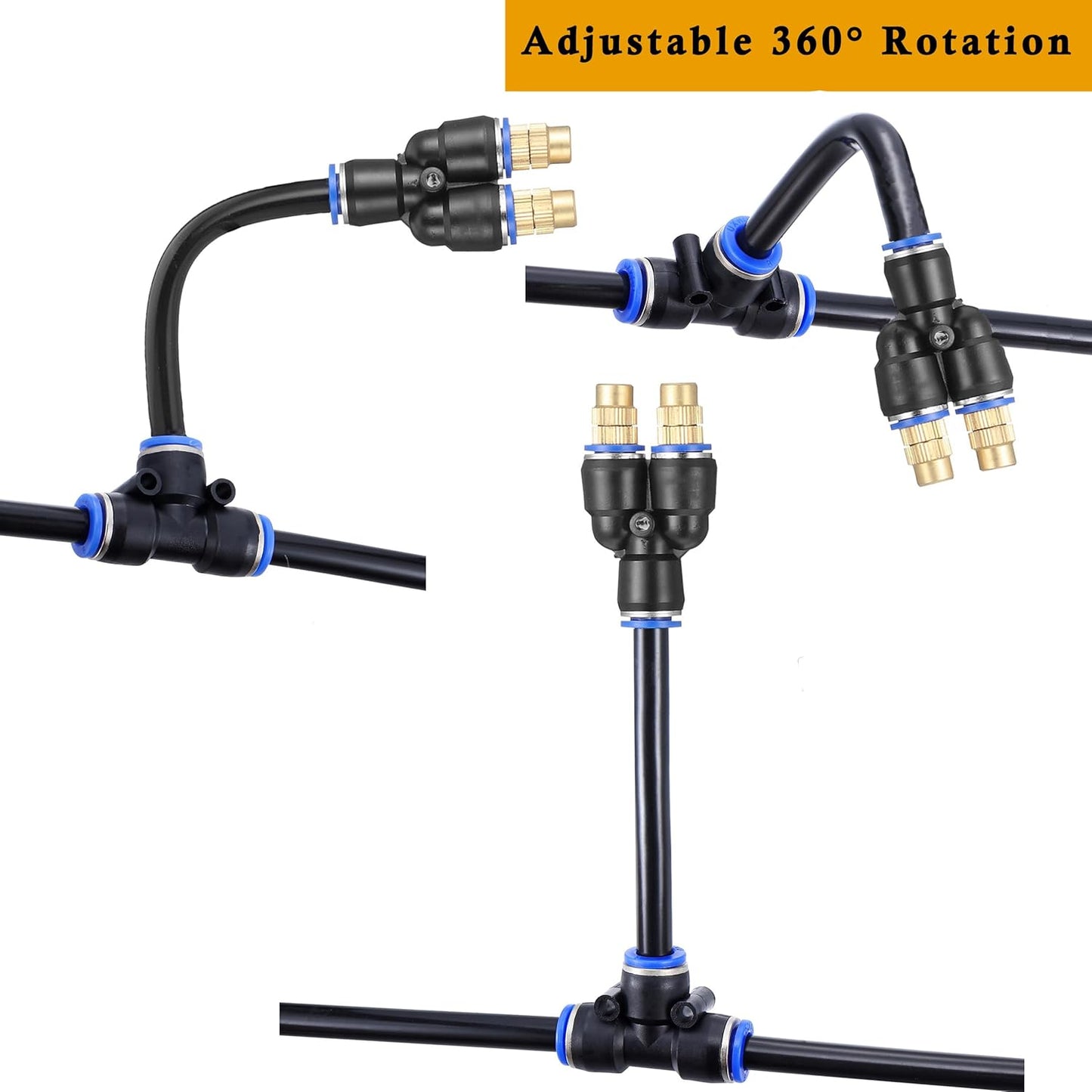 Mornajina 3Packs 2 Way Brass Misting Nozzles Tee with 5inch Built in Hose for Outdoor Cooling System, Adjustable 360° Rotation, Water Mister Nozzles Thread Sprayer 0.043" (1.1 mm)