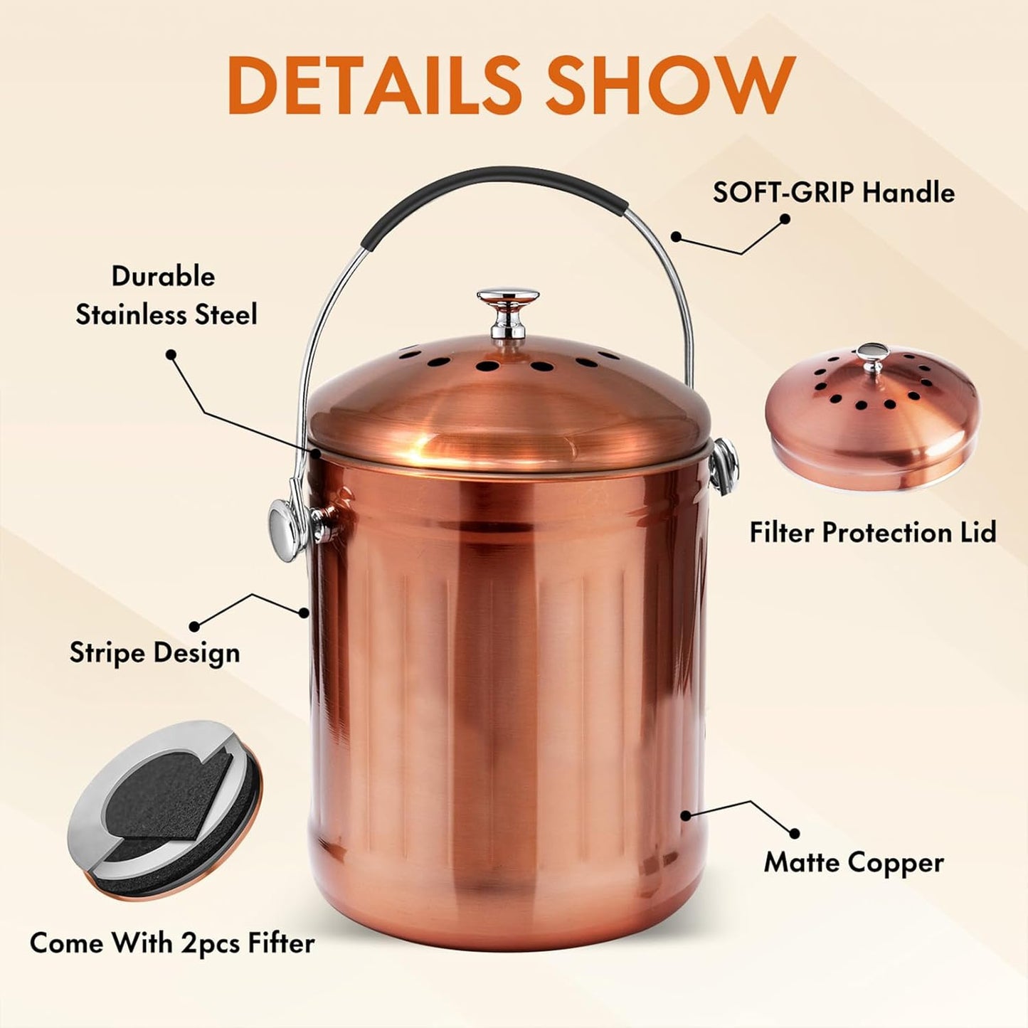 ENLOY Compost Bin for Kitchen Countertop, 1.3 Gallon Matte Copper Stainless Steel Compost Bucket with Lid, Odorless Food Waste Bucket with 2 Charcoal Filters, Indoor Compost Pail with SOFT-GRIP Handle