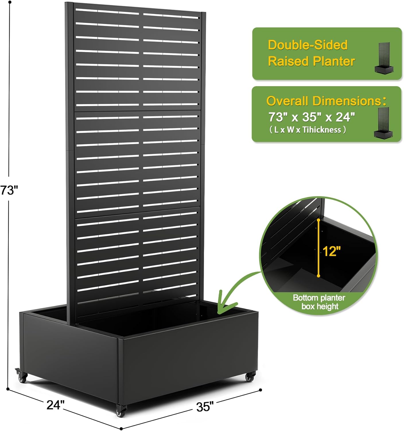 FENCY Dual Planter Boxes Metal Raised Garden Bed with Wheels and Trellis, 73"x35"x24" Privacy Screen for Vegetables, Vines & Flowers, Includes Drainage Holes