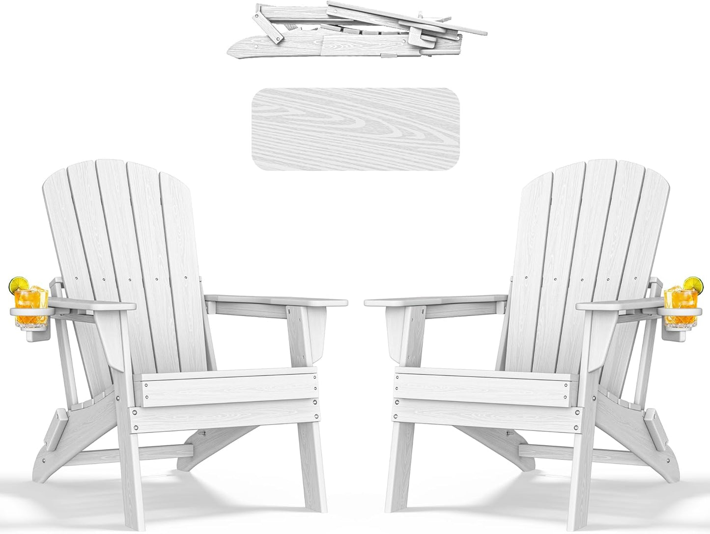 Folding Adirondack Chair - Extended Ergonomic Backrest, Cup Holder - Easy Assembly - Durable HDPE Plastic, Weather Resistant & Maintenance-Free - Lawn, Patio, Deck Supports 380lbs White