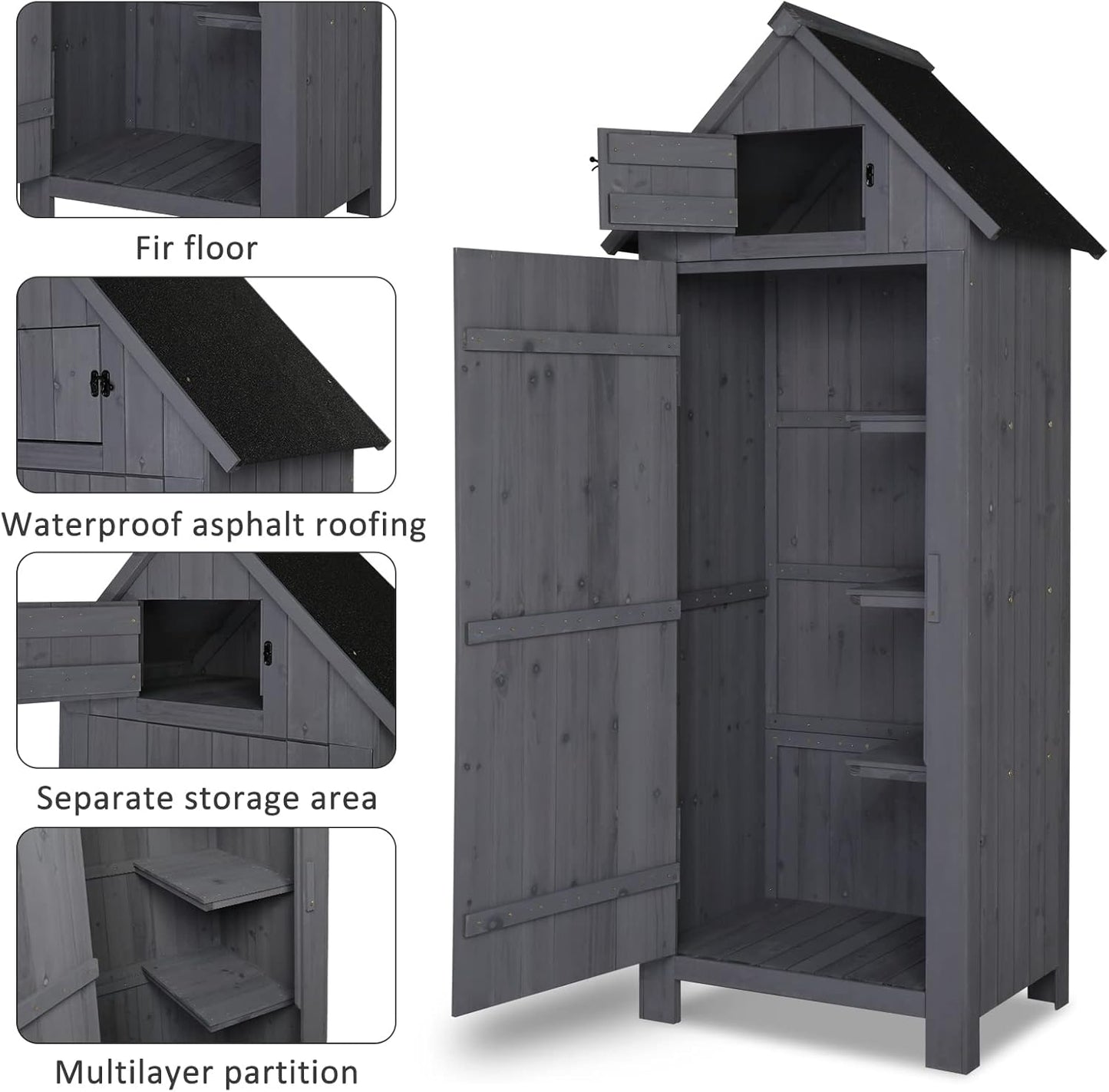 Outvita Outdoor Storage Shed, 70 Inch Wooden Garden Storage Cabinet, Waterproof Tool Storage Cabinet with Lockable Door, Wooden Garden Shed Outdoor Shed for Garden Backyard Lawn(Grey)