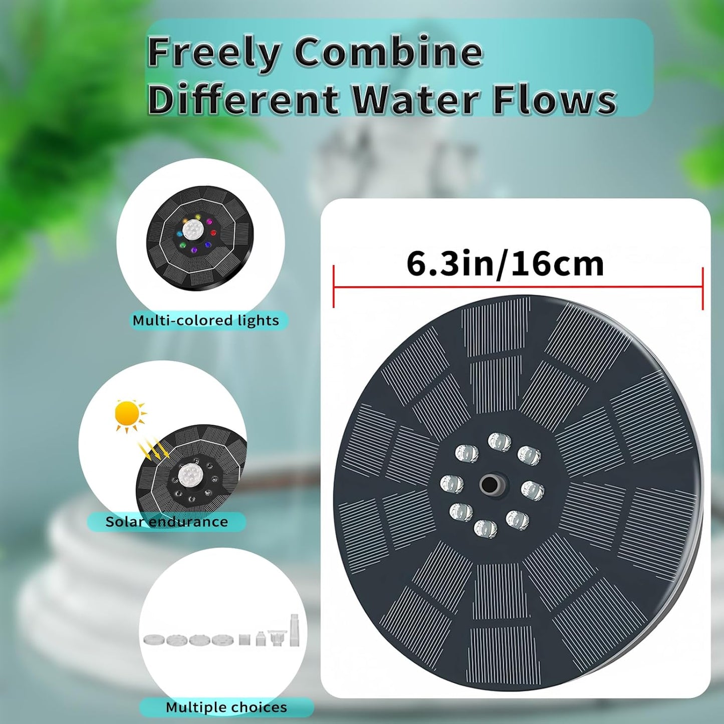 Solar Powered Fountain Pump for Bird Bath, Garden, Pond & Outdoor Decor - 7 Nozzles, 4 Fixers, Colorful LED Lights, Upgraded Glass Panel, Small Water Fountain for Fish Tank & Swimming Pool