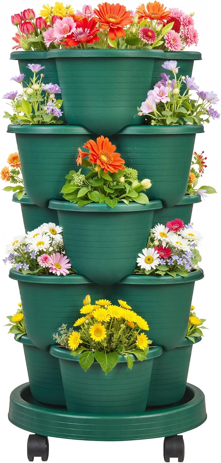 VECELO 5 Tier Vertical Garden Planter, Self Watering Stackable Planters with Wheels for Strawberries, Herbs, Flowers, Vegetables, Dark Green