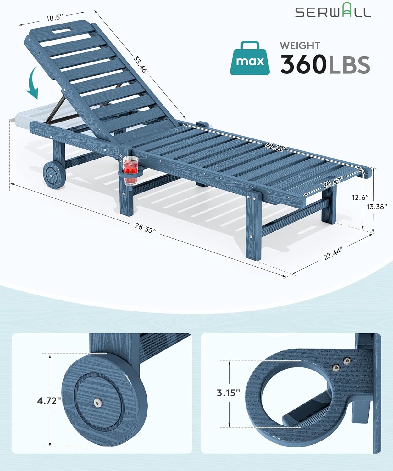 SERWALL Outdoor Chaise Lounge, 78" Length Patio Chaise Lounge Chair with 5 Positions Adjustable Backrest, HDPE Lounge Chair with Rolling Wheels & Cup Holder for Pool, Blue