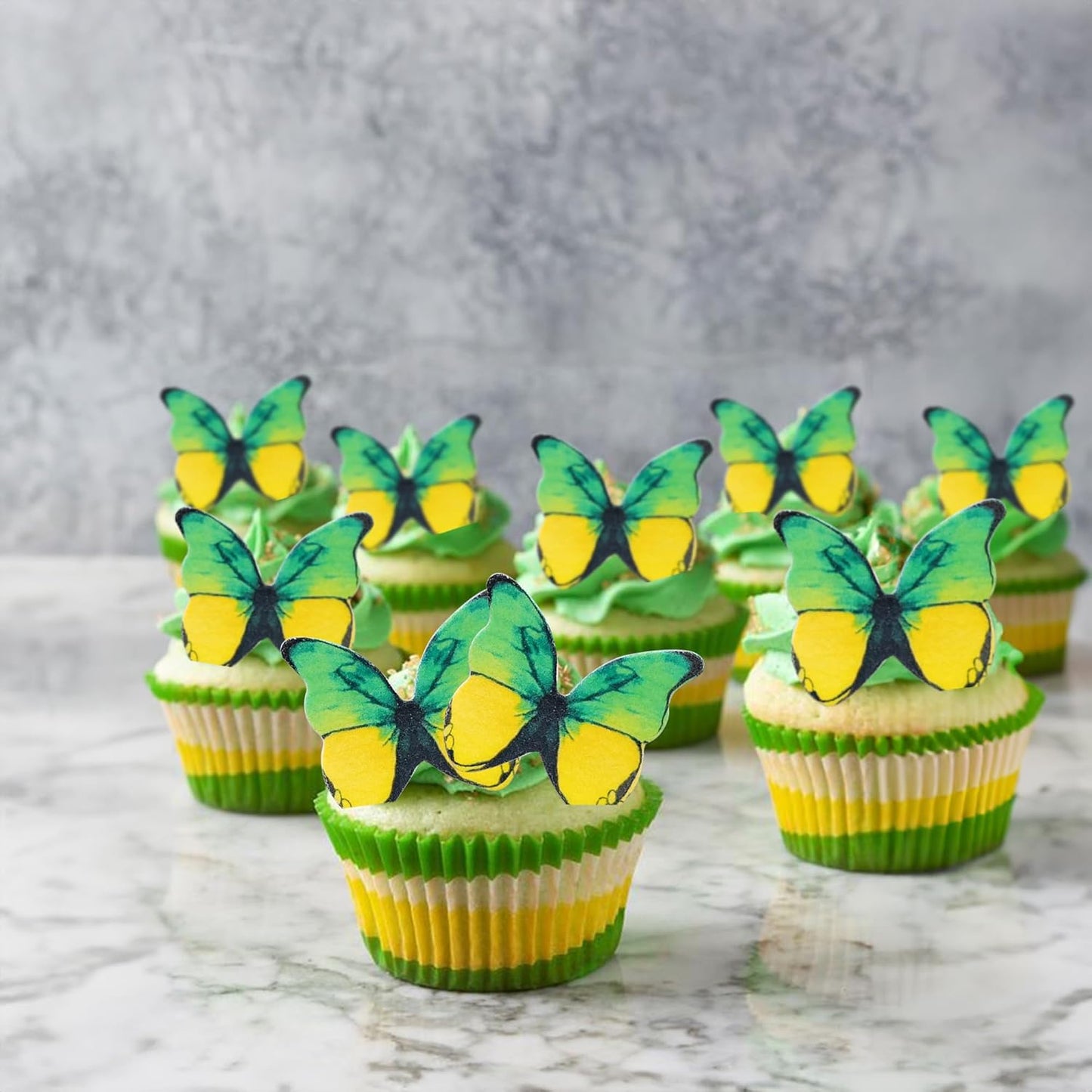 Ephlyn 48Pcs Edible 3D Cute Butterfly Cupcake Toppers for Baby Shower, Bridal Shower, Boys Girls Birthday Party Cake Decorations Supplies - Yellow, Green
