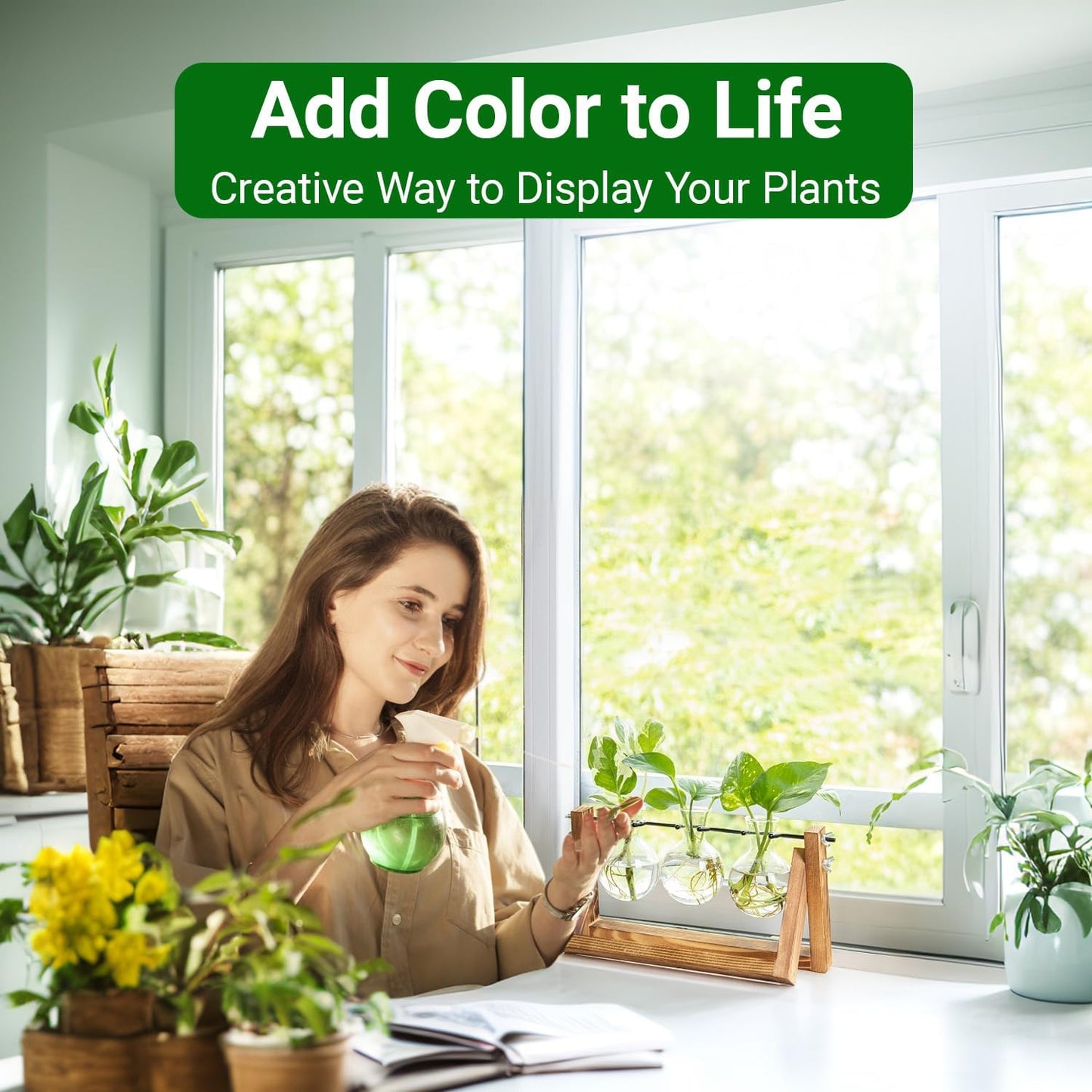 Ivolador I Plant Propagation Station, Bulb Plant Terrarium with Wooden Stand, Unique Gardening Gifts for Women, Hydroponic Indoor Planter, Home Office Garden Wedding Decor - 3 Bulb Glass Vases