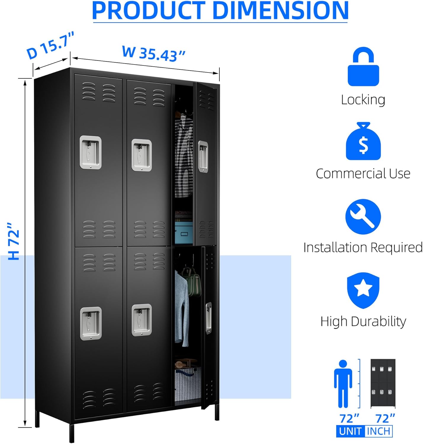 METAN Metal Locker for School Office Gym Bedroom,6 Doors Steel Storage Locker Cabinet for Employees,Industrial Storage Locker with 1 Shelves,Assembly Required (6 Door-Black)