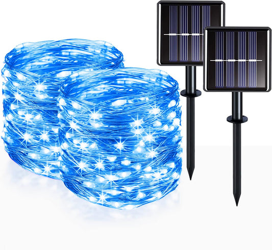 suddus 2 Pack 33ft Solar Fairy String Lights Small, 100 Led Blue Solar Fairy Lights Outdoor, 8 Modes Solar Christmas Lights Copper Wire for Trees Garden Patio Yard Deck Fence Party Decorations
