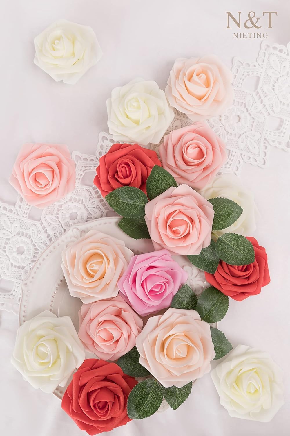 N&T NIETING Artificial Flowers 25pcs Real Looking Artificial Roses with Stems for Valentine's Day Mother's Day Wedding Bridal Bouquet Party Baby Shower Cake Decoration, Series Red