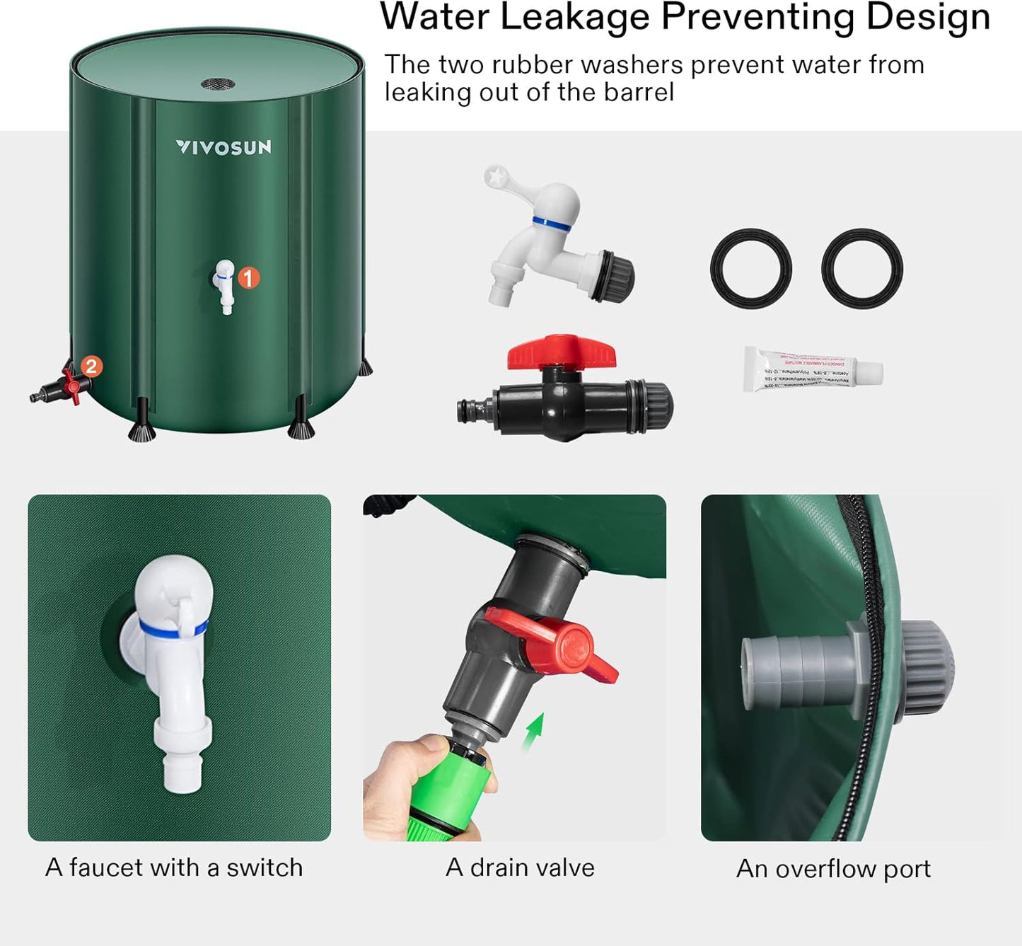 VIVOSUN Collapsible Rain Barrel, 53 Gallon with 1000D Oxford Cloth, Portable Rain Collection System, Water Barrel Collector w/Filter Spigot, Green