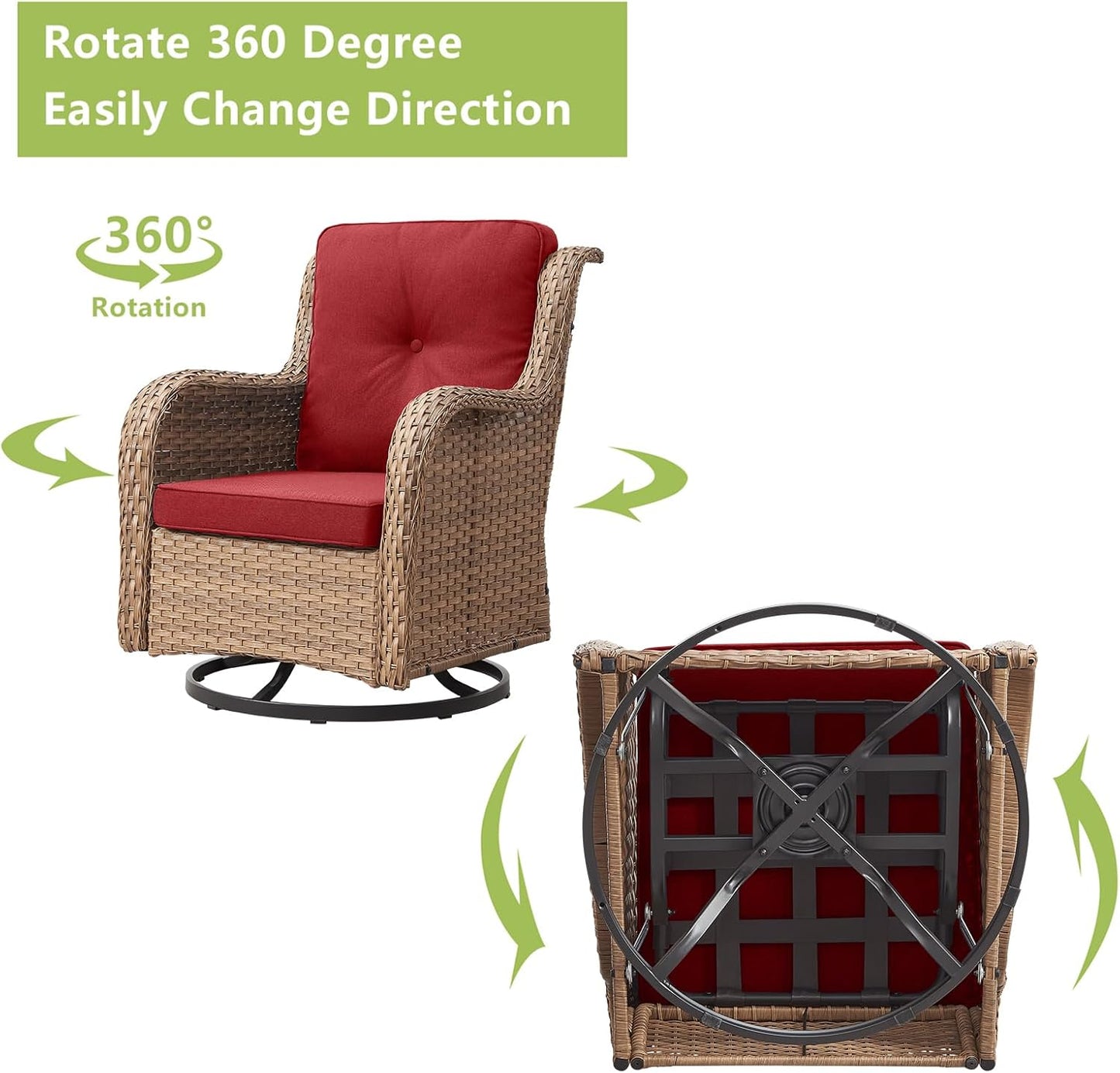 Outdoor Wicker Patio Furniture Set - 5 Piece Rattan Patio Conversation Set with 2 Rocking Swivel Chairs,2 Ottomans and 1 Sofa for Porch Deck Backyard Garden(Yellow/Red)