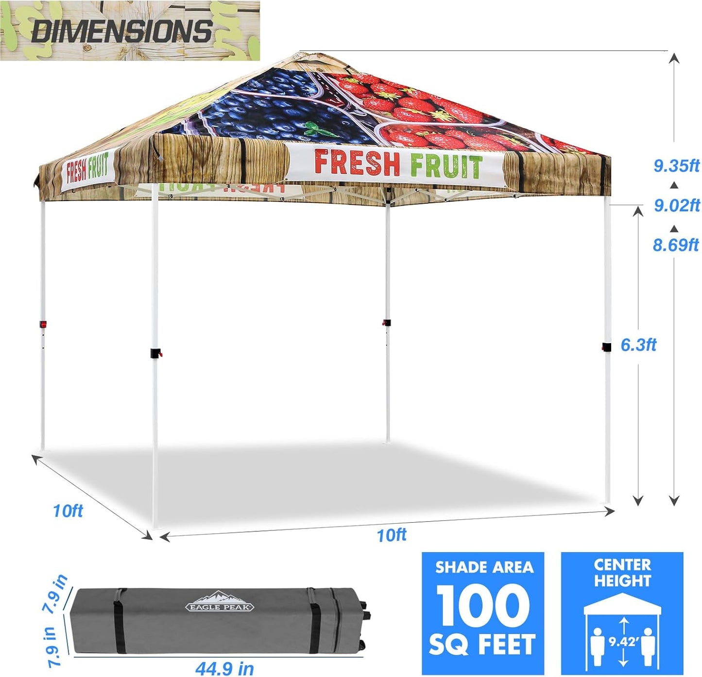 EAGLE PEAK Pop Up Canopy Tent with Wheeled Carry Bag, 8 Stakes, 4 Ropes, 4 Weight Bags, Easy Set Up Tent Canopy, 10x10 ft, 100sqft of Shade, Fruit Stand